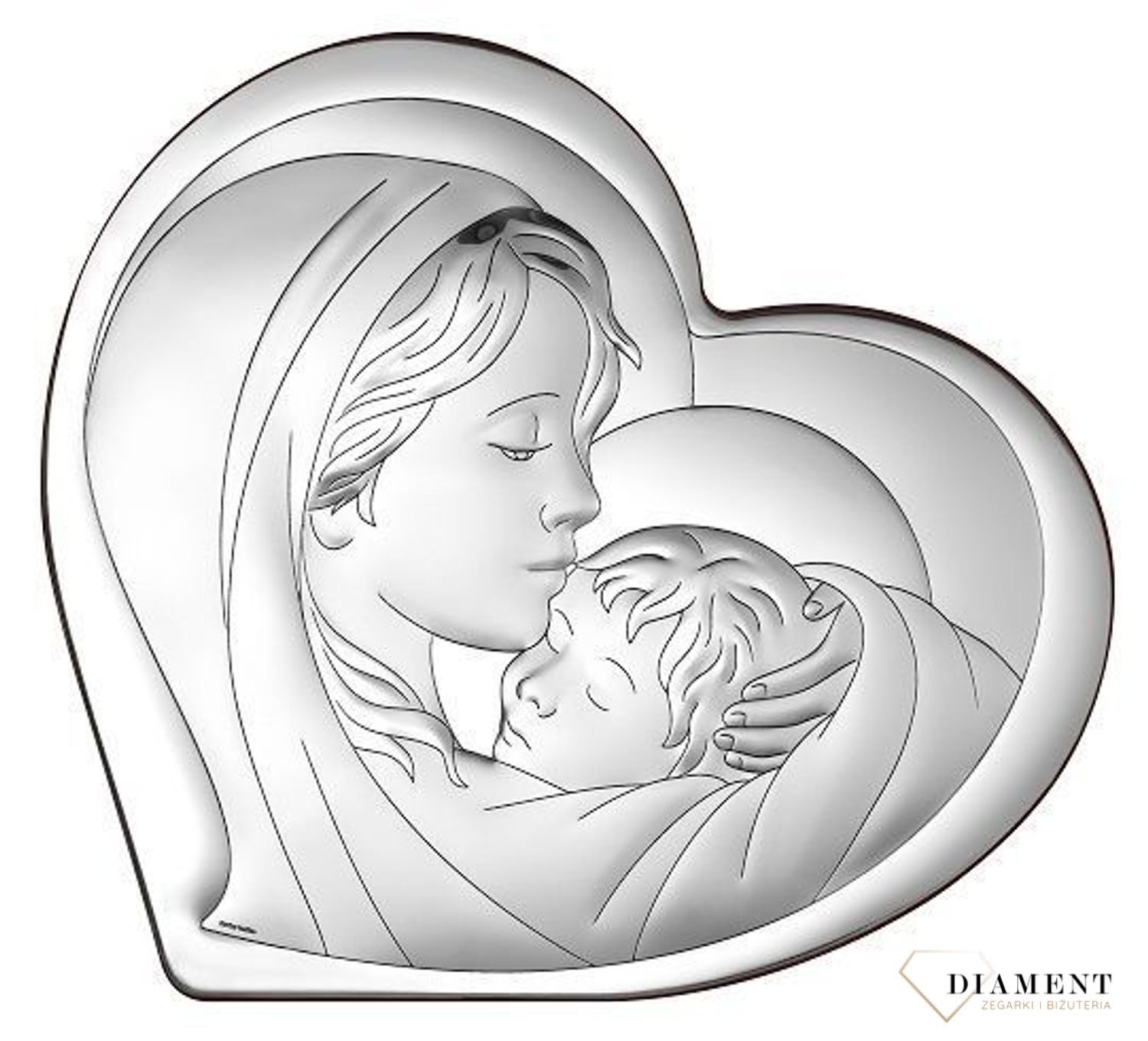 Obrazek srebrny Matka Boska z dzieciątkiem serce 6433.1. . Idealny prezent na ślub, rocznicę zawarcia sakramentu małżeństwa, chrzest. Obrazek święty ze srebra. Matka boska z jezusem..jpg