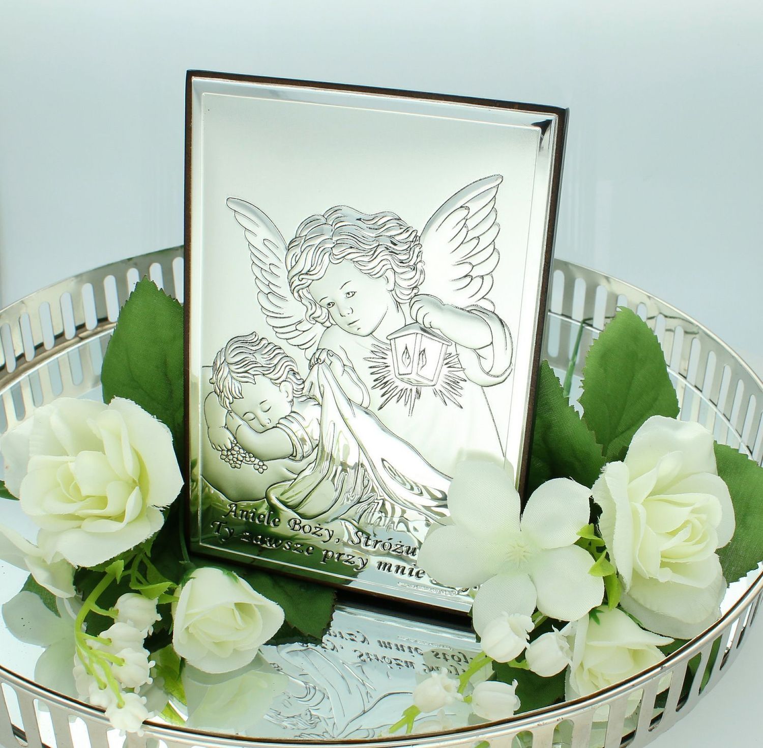 Obrazek pokryty srebrem Pamiątka Chrztu Świętego 64422X. Chrzest Święty, obrazek srebrny, Anioł Stróż,.jpg