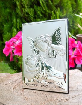 Obrazek srebrny Aniołek czuwający nad dzieciątkiem 'Aniele Boży' 6442 3. Obrazek srebrny z Aniołem Stróżem  (1).JPG