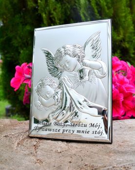 Obrazek srebrny Aniołek czuwający nad dzieciątkiem 'Aniele Boży' 6442 3. Obrazek srebrny z Aniołem Stróżem  (2).JPG