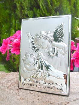 Obrazek srebrny Aniołek czuwający nad dzieciątkiem 'Aniele Boży' 6442 3. Obrazek srebrny z Aniołem Stróżem  (4).JPG
