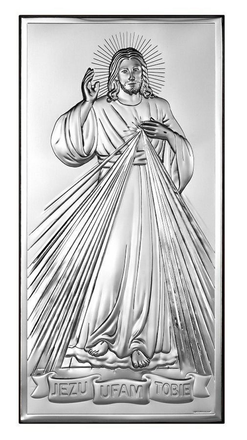 Srebrny obrazek Jezu Ufam Tobie 64430. Posrebrzany obrazek to doskonały pomysł na prezent z okazji rocznicy ślubu, urodzin czy na  komunię i chrzest. Obrazek srebrny z wizerunkiem Jezusa..jpg