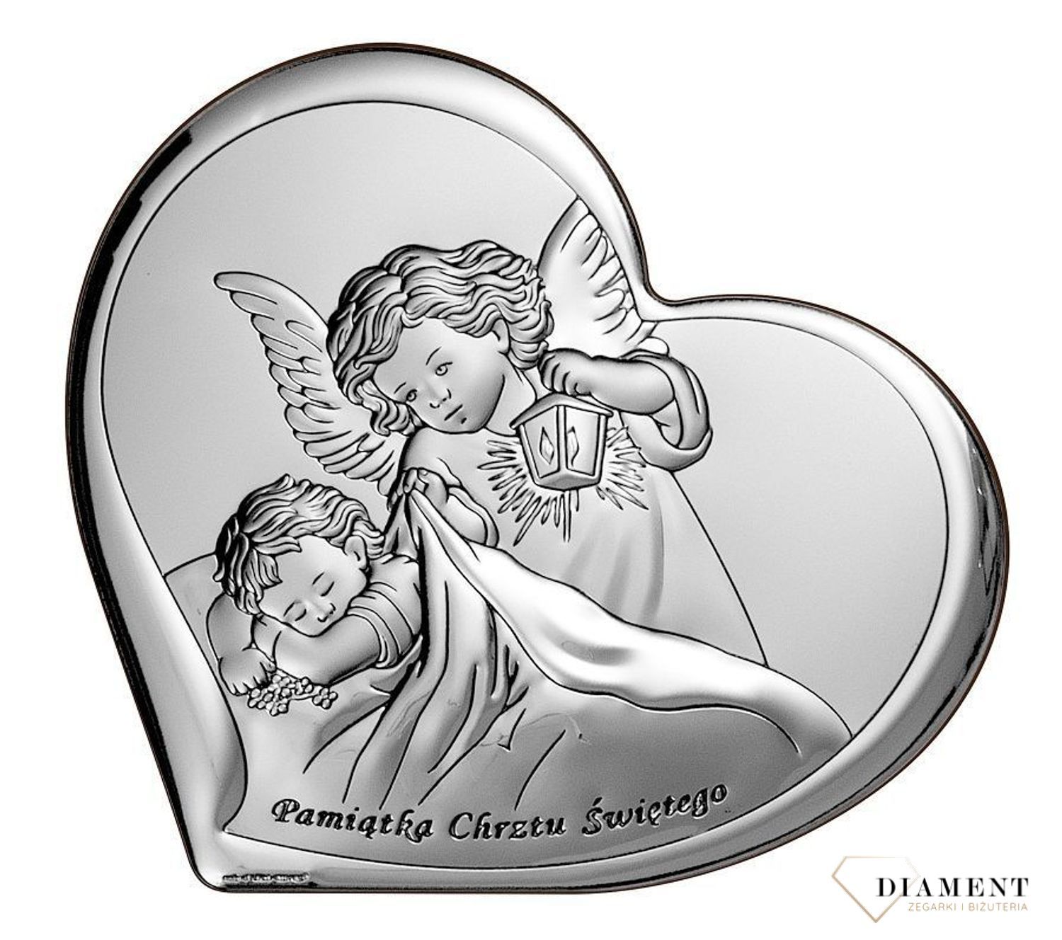 Srebrny obrazek na Chrzest Pamiątka Chrztu Świętego Anioł Stróż 64491 8X7 cm.  Niezwykły obrazek srebrny z wizerunkiem Aniołków w kształcie serca to idealny prezent na Chrzest Święty.  Pamiątka Chrztu dla dziecka..jpg