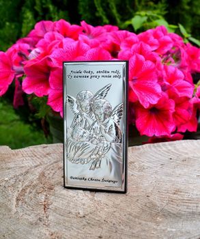 Srebrny obrazek Pamiątka Chrztu Świętego- Aniołki 6468S2. Niezwykły obrazek srebrny z grawerem przedstawiający Aniołka nad dzieciątkiem  (2).JPG