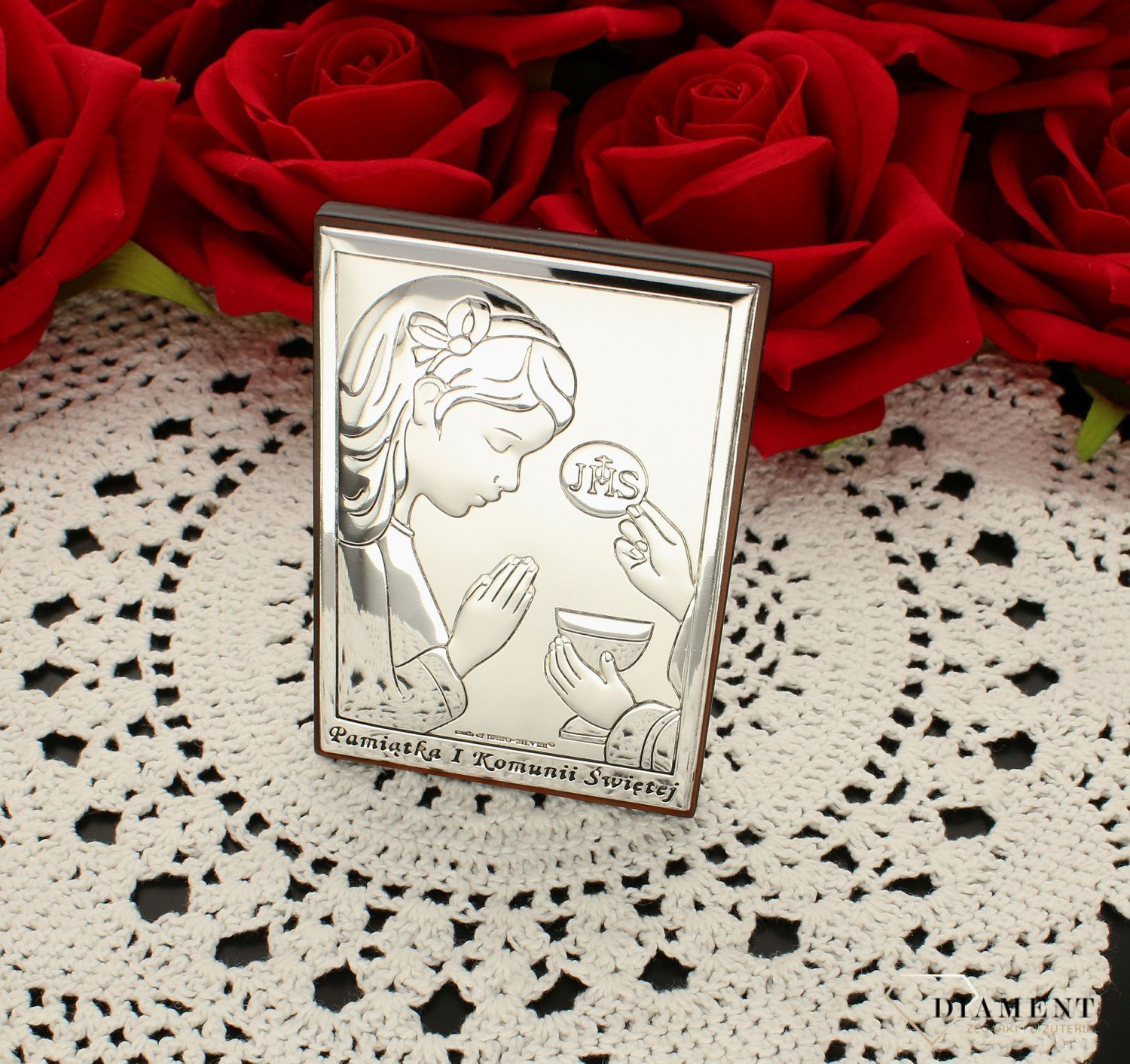 Obrazek srebrny Pierwsza Komunia Święta dla dziewczynki z grawerem 6491.2A. Prezent na komunie dla dziewczynki. Pamiątka I komunii świętej. Obrazek srebrny z grawerem..jpg