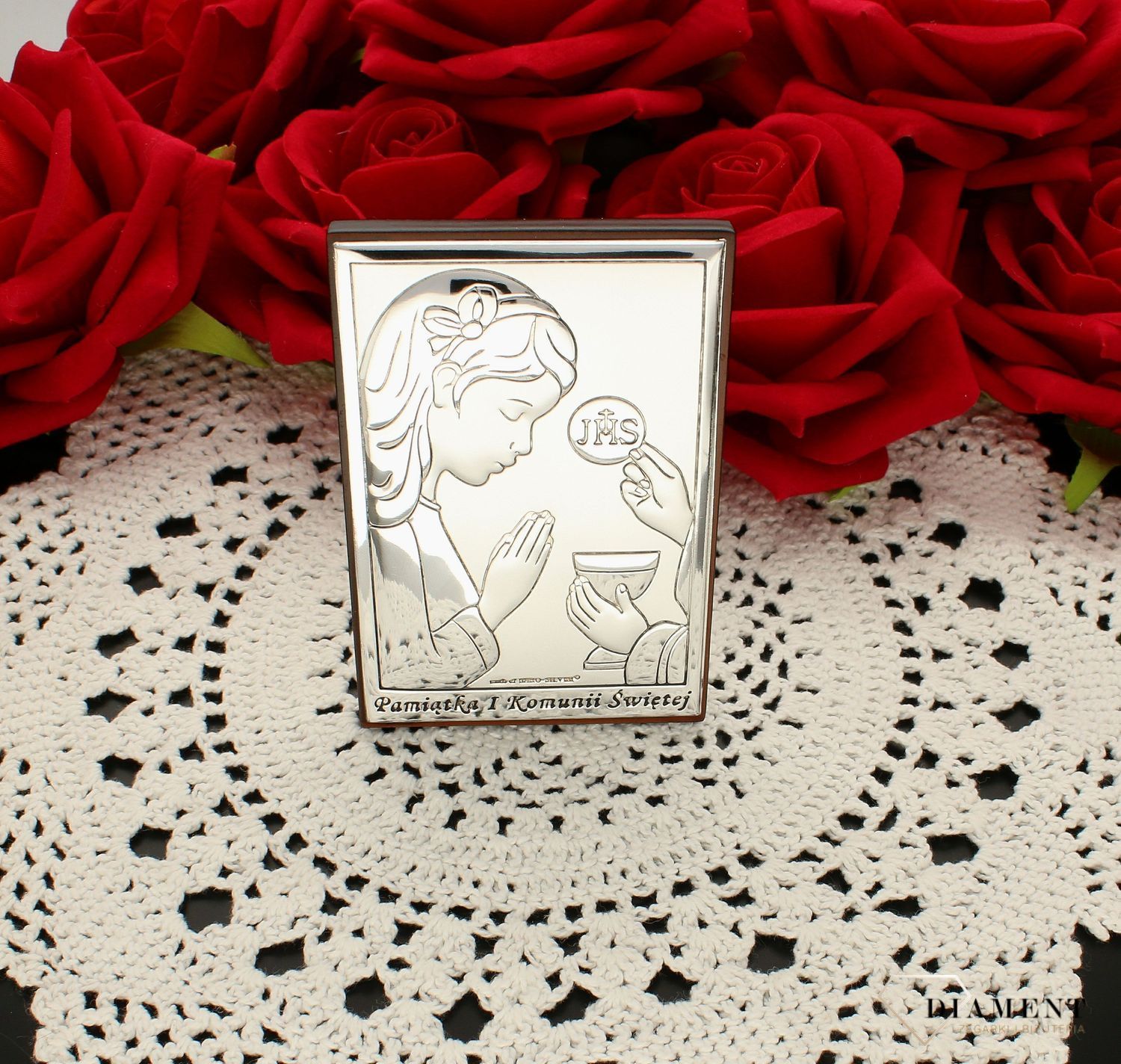 Obrazek srebrny Pierwsza Komunia Święta dla dziewczynki z grawerem 6491.2A. Prezent na komunie dla dziewczynki. Pamiątka I komunii świętej. Obrazek srebrny z grawerem..jpg