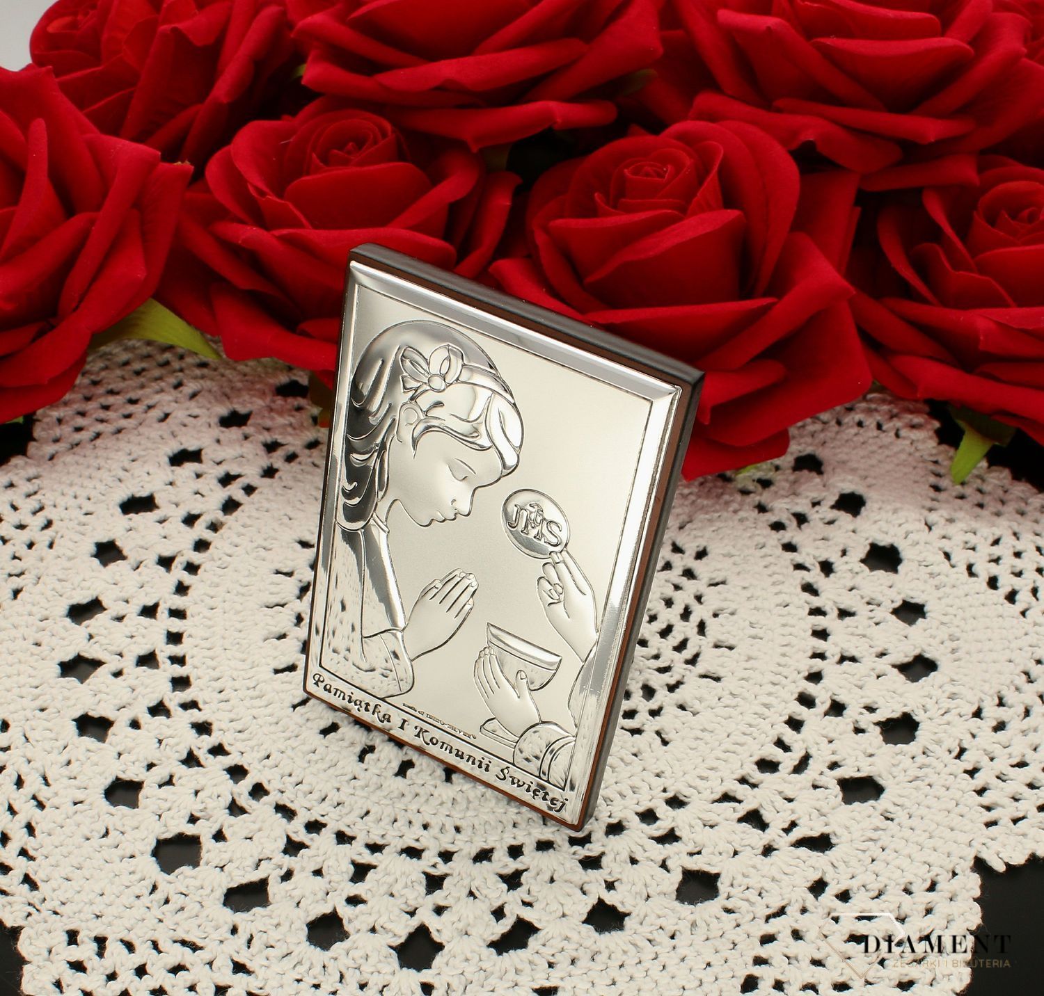 Obrazek srebrny Pierwsza Komunia Święta dla dziewczynki z grawerem 6491.2A. Prezent na komunie dla dziewczynki. Pamiątka I komunii świętej. Obrazek srebrny z grawerem..jpg