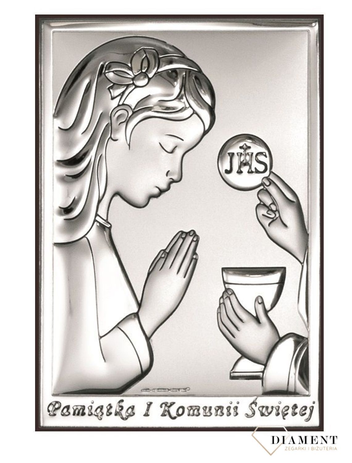 Obrazek srebrny Pierwsza Komunia Święta dla dziewczynki z grawerem 6491.2A. Prezent na komunie dla dziewczynki. Pamiątka I komunii świętej. Obrazek srebrny z grawerem..jpg