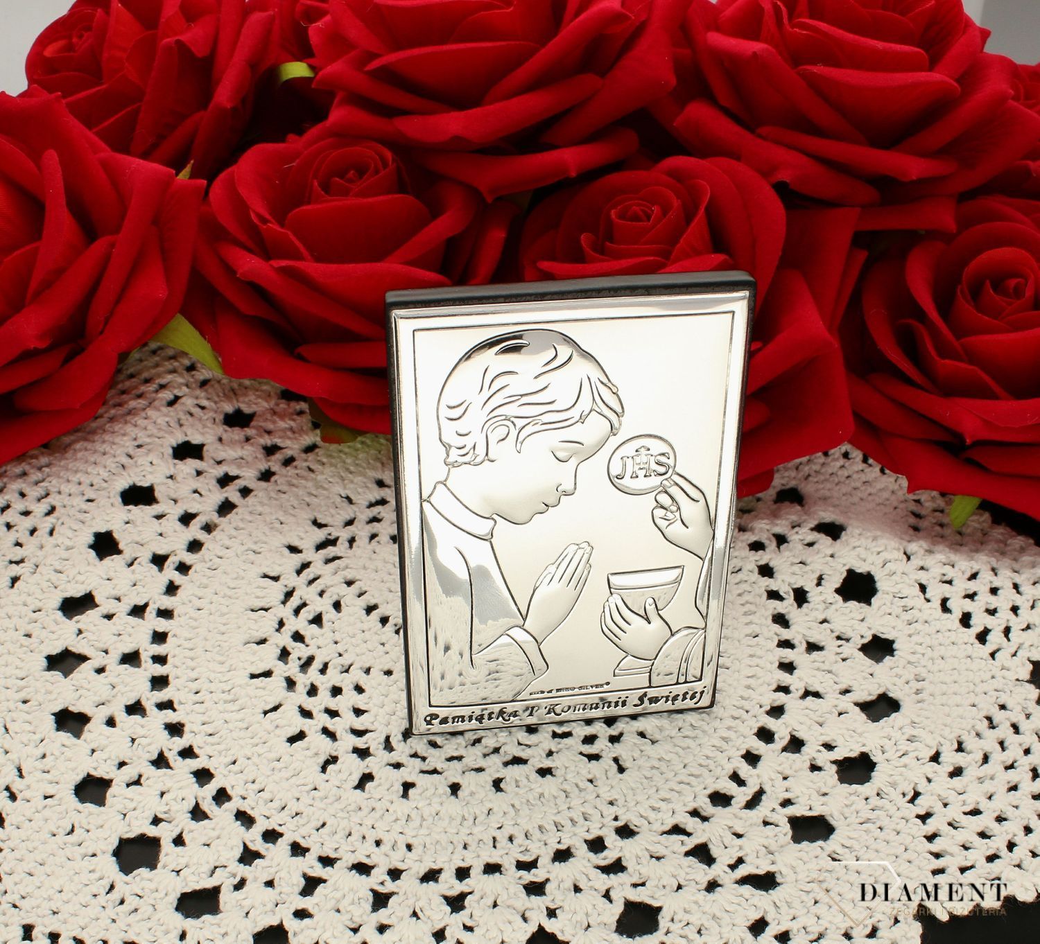 Obrazek srebrny Pierwsza Komunia Święta dla chłopca z grawerem 6491.2O. Prezent na komunię dla chłopca. Pamiątka I komunii. Obrazek srebrny na prezent z grawerem..jpg