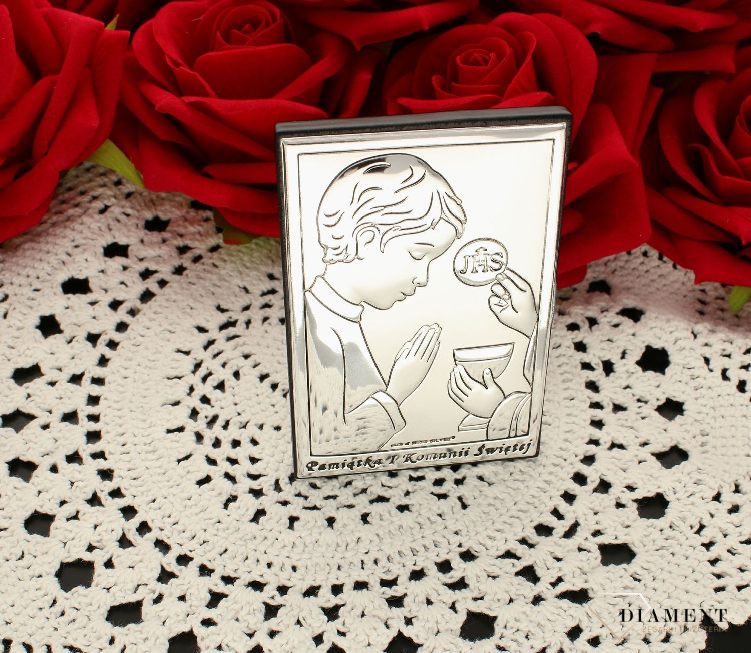 Obrazek srebrny Pierwsza Komunia Święta dla chłopca z grawerem 6491.2O. Prezent na komunię dla chłopca. Pamiątka I komunii. Obrazek srebrny na prezent z grawerem..jpg
