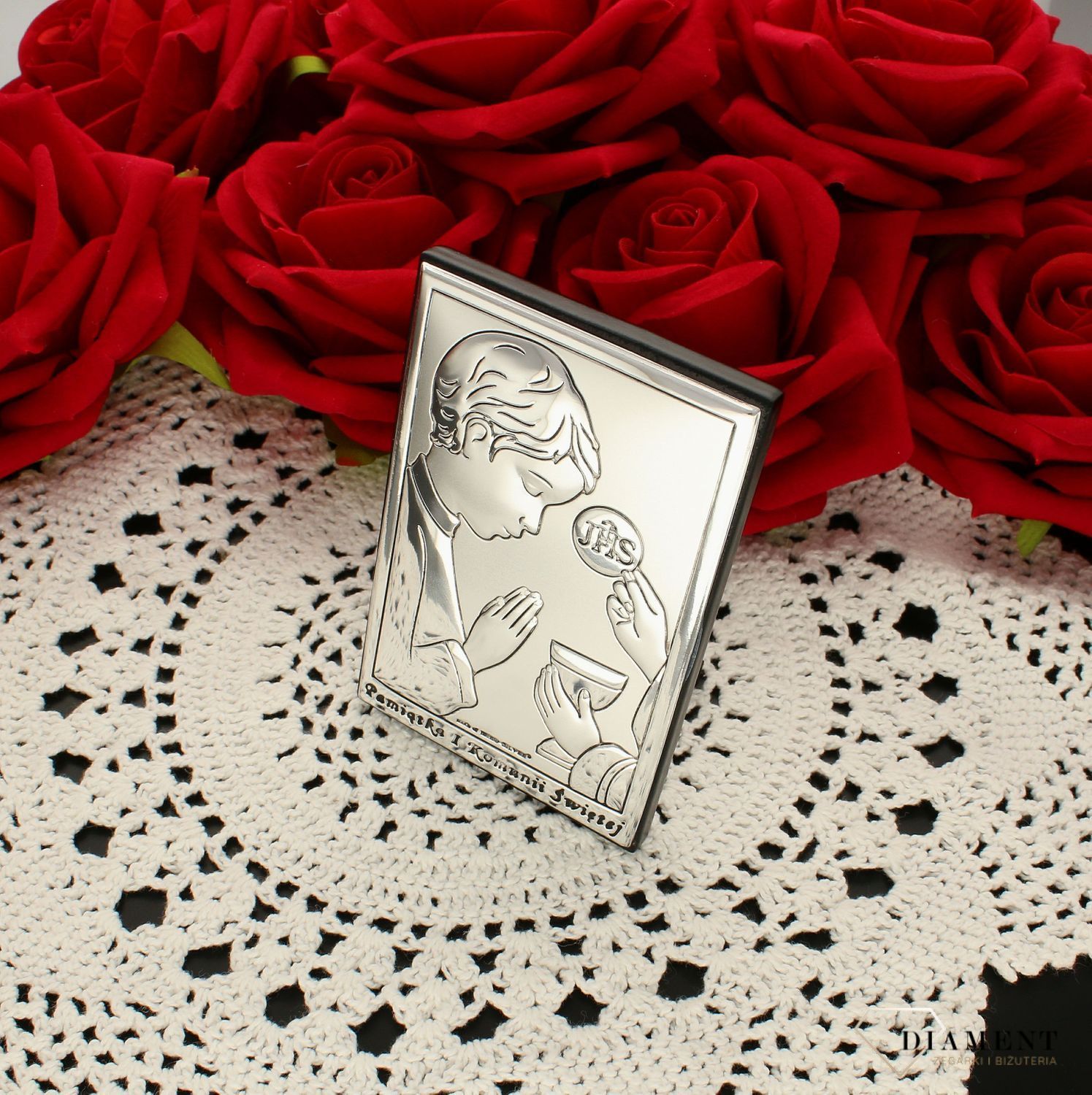 Obrazek srebrny Pierwsza Komunia Święta dla chłopca z grawerem 6491.2O. Prezent na komunię dla chłopca. Pamiątka I komunii. Obrazek srebrny na prezent z grawerem..jpg