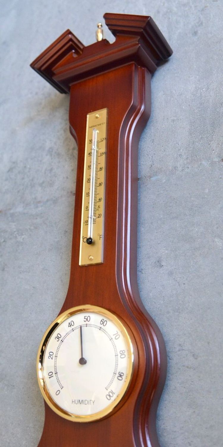 Drewniana stacja pogody Barometr Termometr Higrometr 'Drewno wenge' 65018W. Śliczny podłużny drewniany barometr na ścianę w drewnianej obudowie w kolorze orzecha (1).JPG