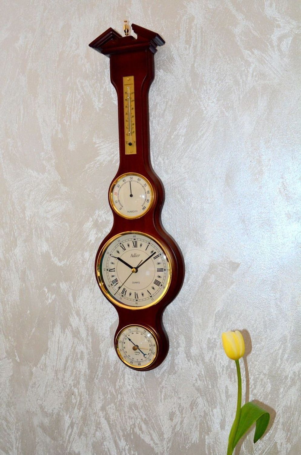 Drewniana stacja pogody Barometr Termometr Higrometr 'Drewno wenge' 65018W. Śliczny podłużny drewniany barometr na ścianę w drewnianej obudowie w kolorze orzecha (1).JPG