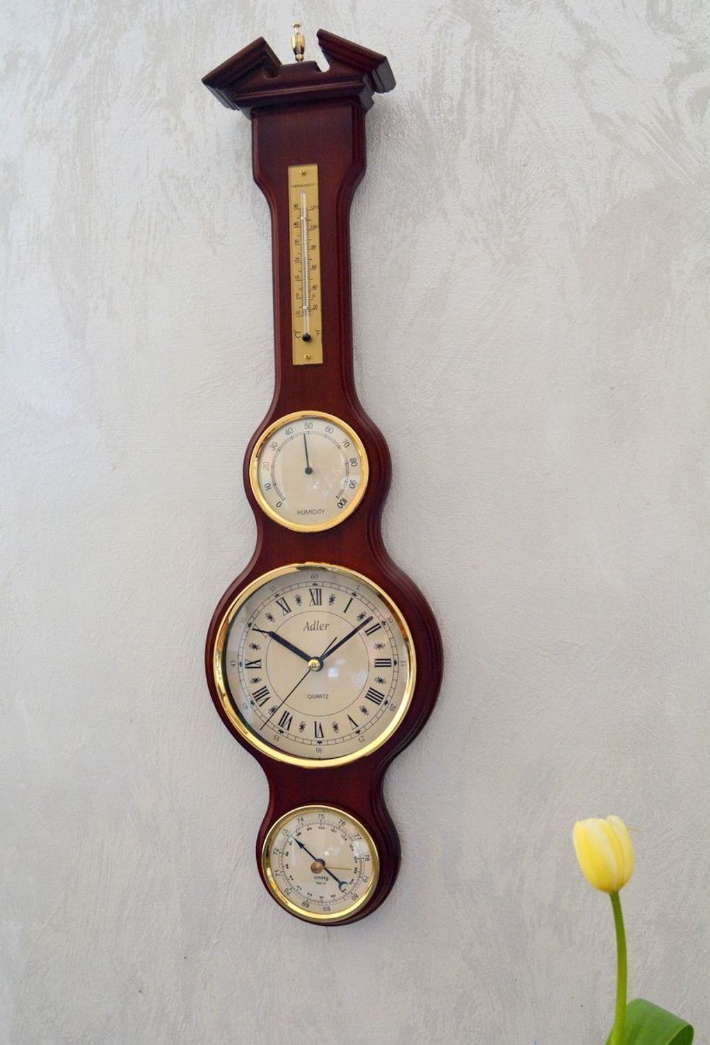 Drewniana stacja pogody Barometr Termometr Higrometr 'Drewno wenge' 65018W. Śliczny podłużny drewniany barometr na ścianę w drewnianej obudowie w kolorze orzecha (1).JPG