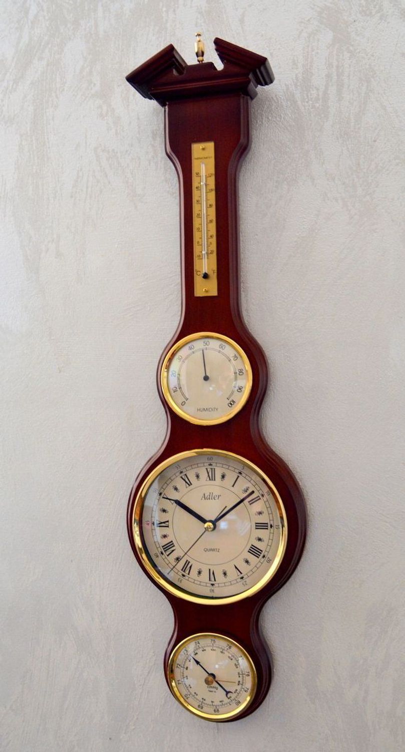 Drewniana stacja pogody Barometr Termometr Higrometr 'Drewno wenge' 65018W. Śliczny podłużny drewniany barometr na ścianę w drewnianej obudowie w kolorze orzecha (1).JPG