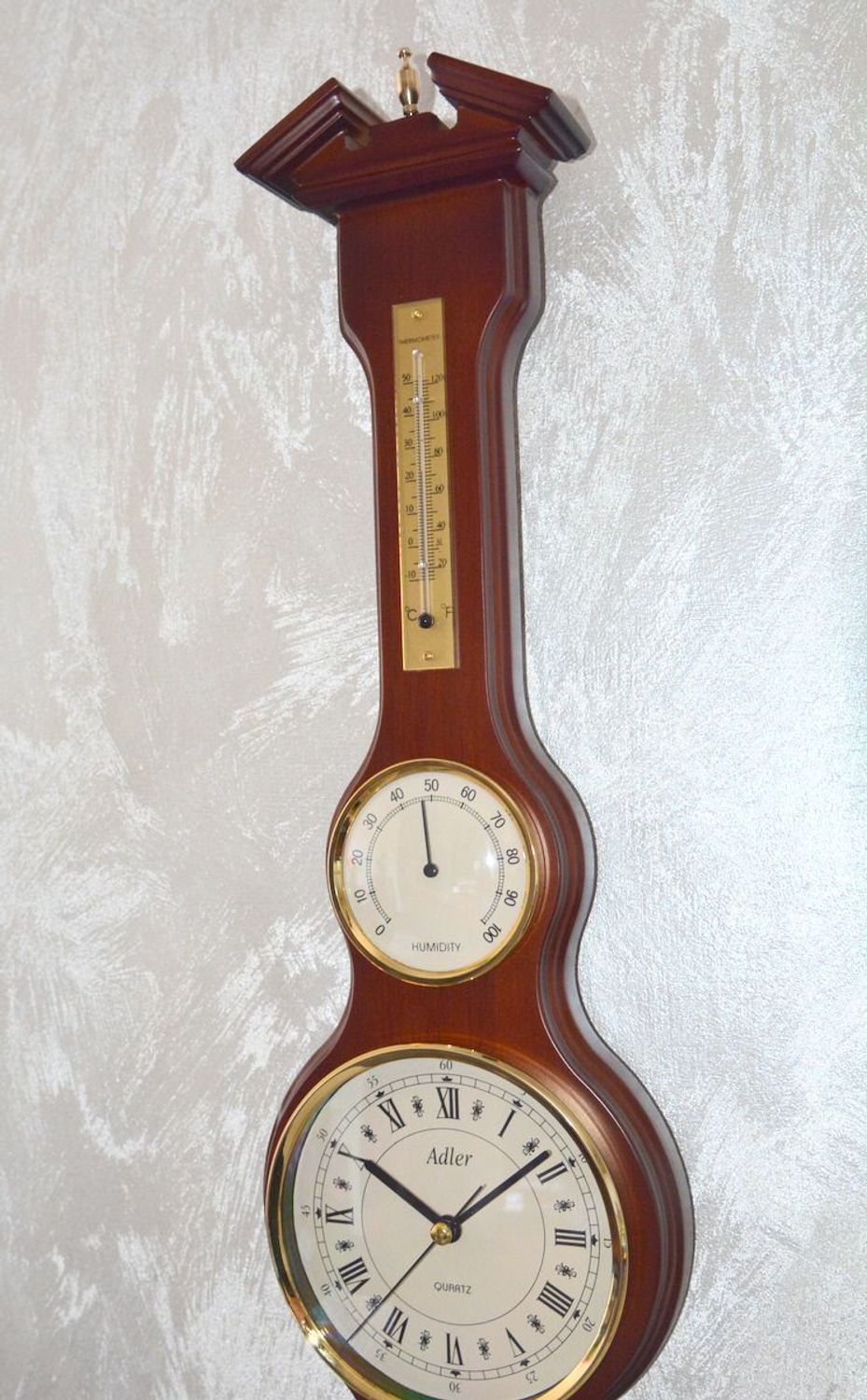 Drewniana stacja pogody Barometr Termometr Higrometr 'Drewno wenge' 65018W. Śliczny podłużny drewniany barometr na ścianę w drewnianej obudowie w kolorze orzecha (1).JPG