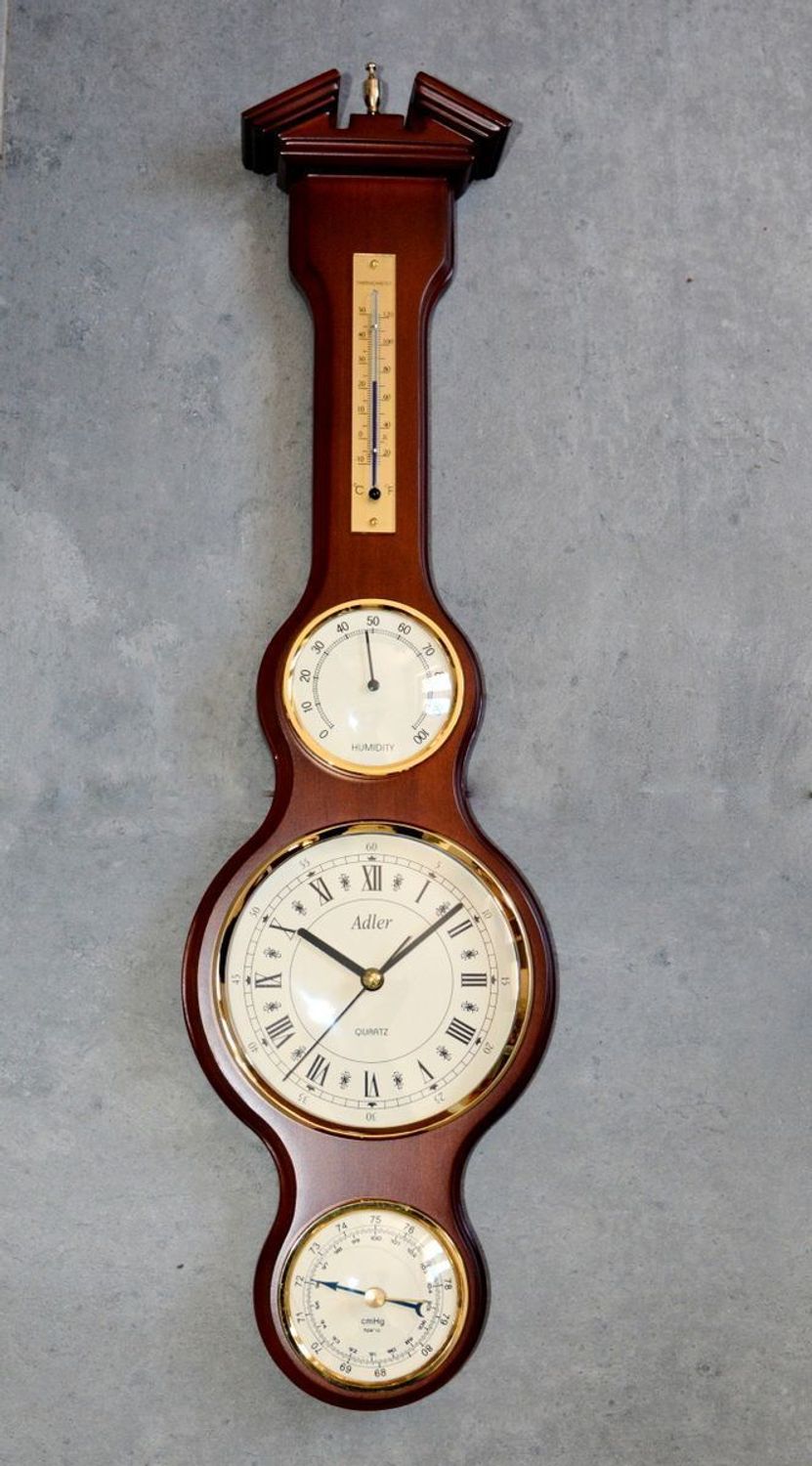 Drewniana stacja pogody Barometr Termometr Higrometr 'Drewno wenge' 65018W. Śliczny podłużny drewniany barometr na ścianę w drewnianej obudowie w kolorze orzecha (1).JPG