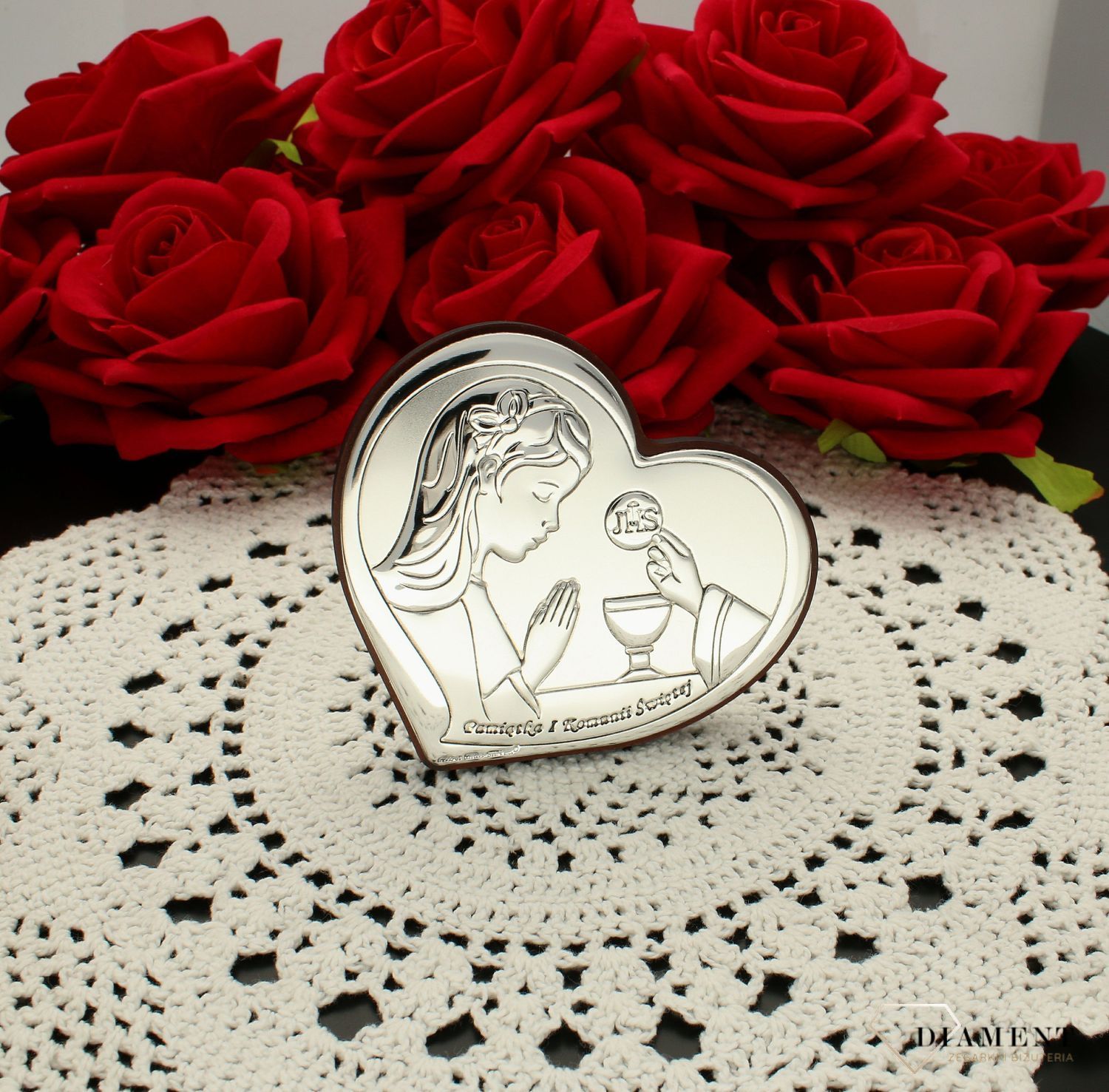 Obrazek srebrny Pierwsza Komunia Święta serduszko dla dziewczynki z grawerem 6517.1A. Pamiątka I Komunii Świętej. Obrazek z grawerem na komunie. Prezent na komunie dla dziewczynki..jpg