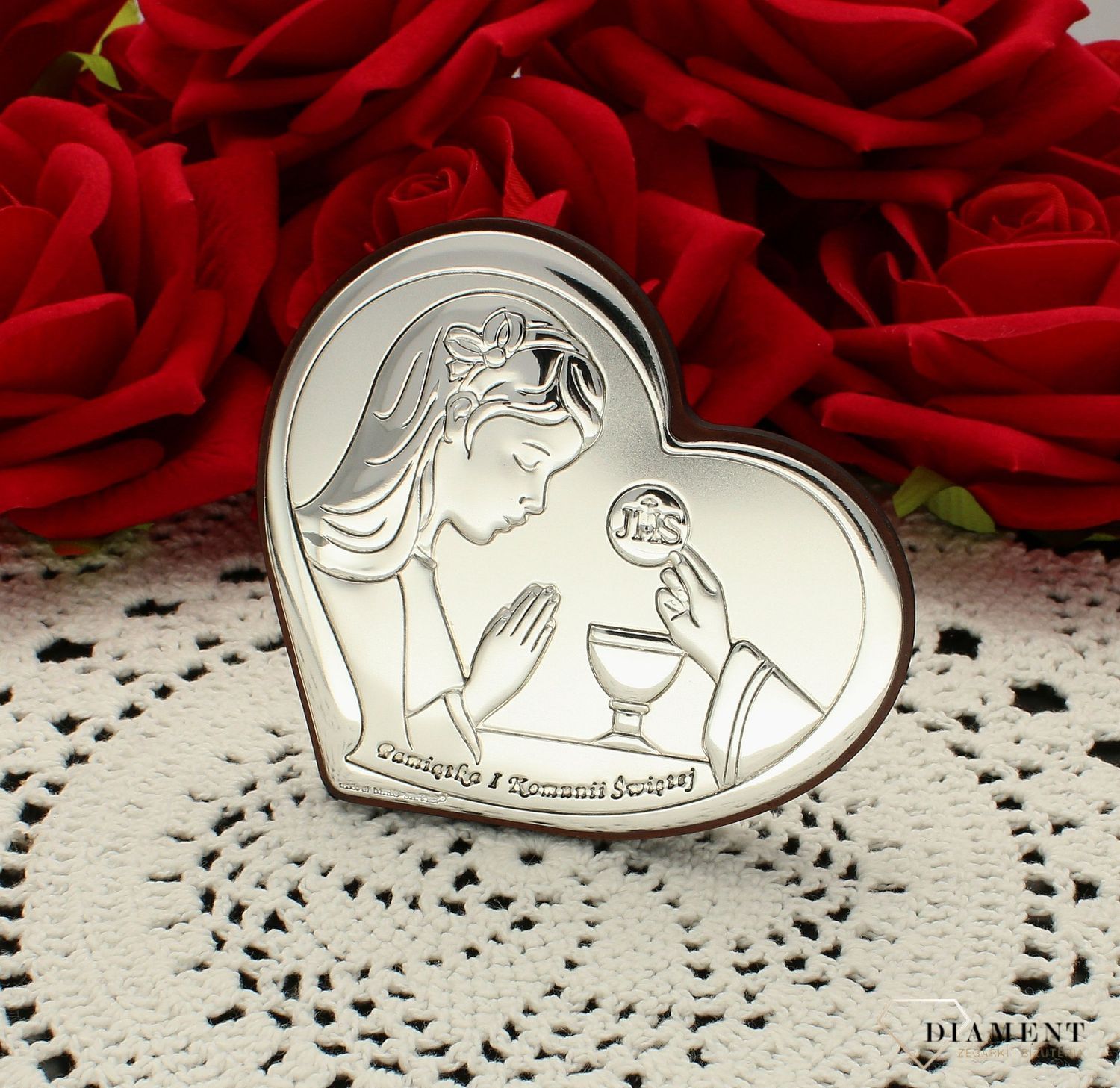 Obrazek srebrny Pierwsza Komunia Święta serduszko dla dziewczynki z grawerem 6517.1A. Pamiątka I Komunii Świętej. Obrazek z grawerem na komunie. Prezent na komunie dla dziewczynki..jpg