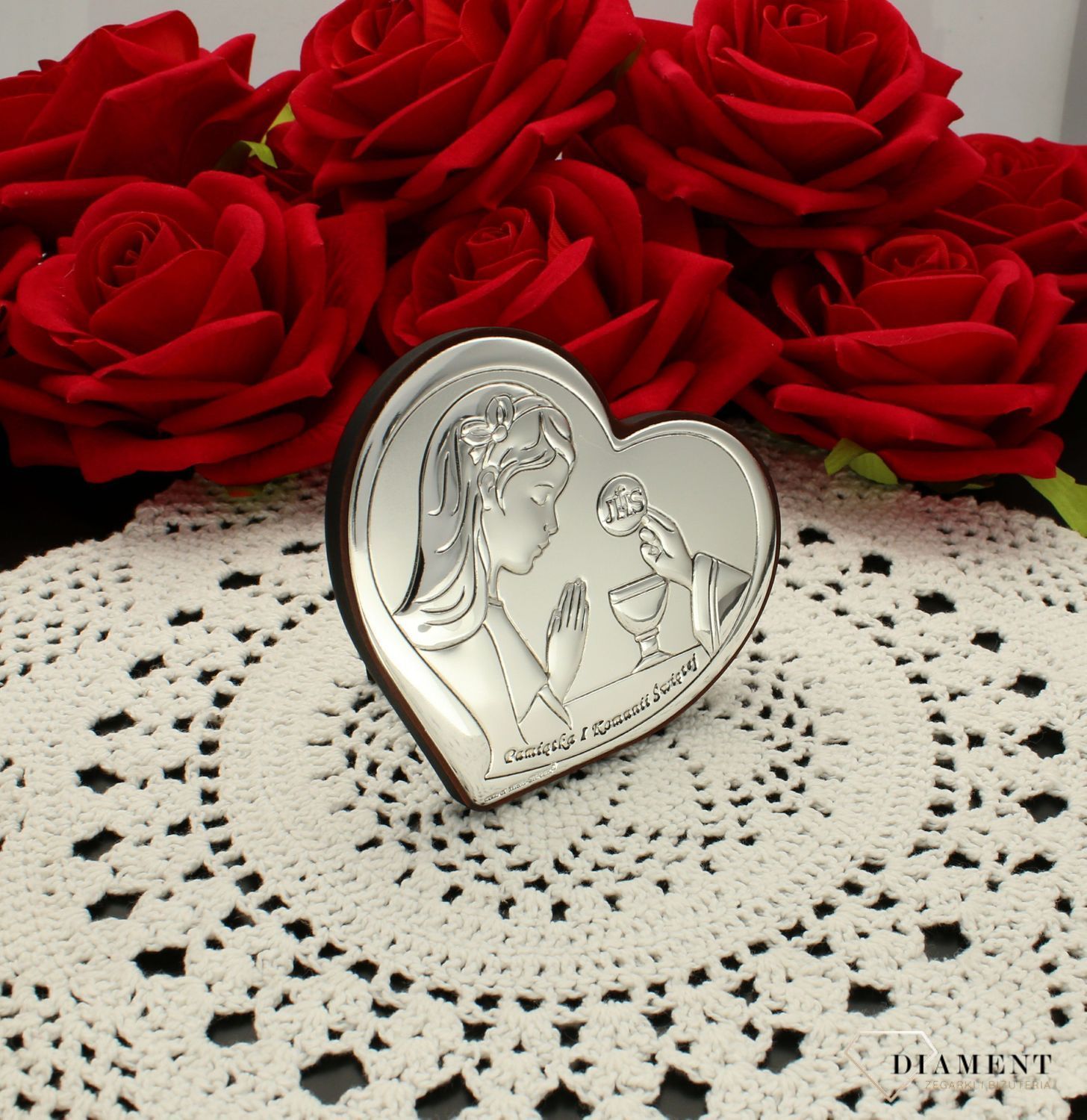 Obrazek srebrny Pierwsza Komunia Święta serduszko dla dziewczynki z grawerem 6517.1A. Pamiątka I Komunii Świętej. Obrazek z grawerem na komunie. Prezent na komunie dla dziewczynki..jpg