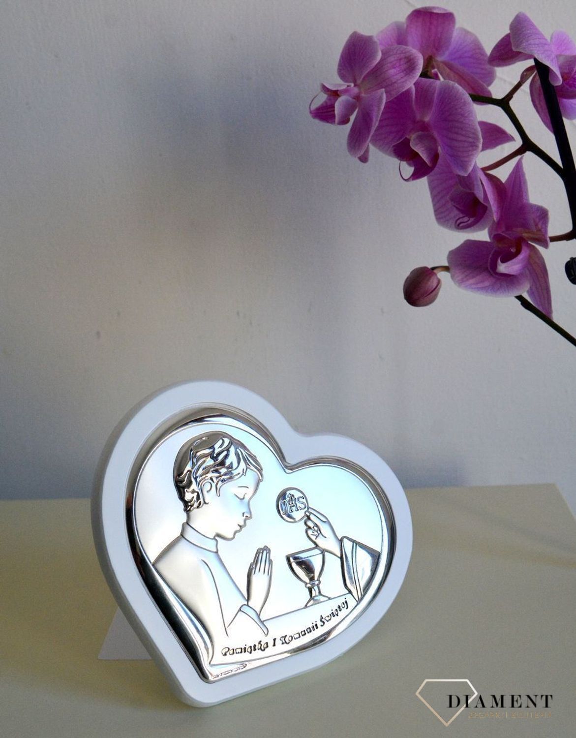 Obrazek srebrny w kształcie serca Komunia Święta dla chłopca 65172OW.jpg