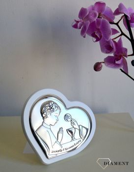 Obrazek srebrny w kształcie serca Komunia Święta dla chłopca. Obrazek srebrny z wizerunkiem chłopca 65172OW (1).JPG