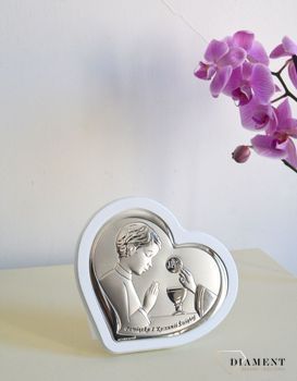 Obrazek srebrny w kształcie serca Komunia Święta dla chłopca. Obrazek srebrny z wizerunkiem chłopca 65172OW (2).JPG