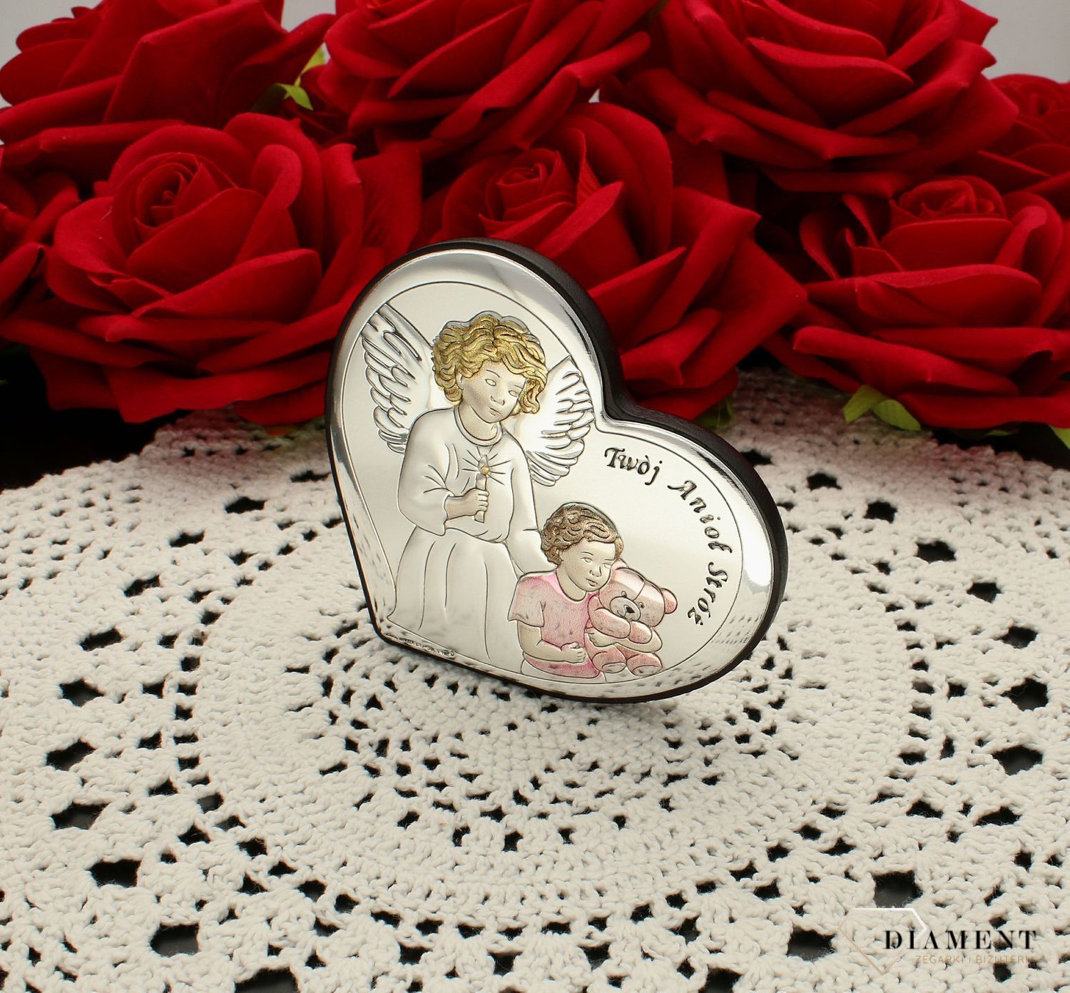 Obrazek srebrny, Aniołki pamiątka Chrztu Świętego dla dziewczynki 6526R.1. Pamiątka chrztu. Kolorowy obrazek na chrzest. Święty obrazek na chrzest. Obrazek z aniołem stróżem..webp