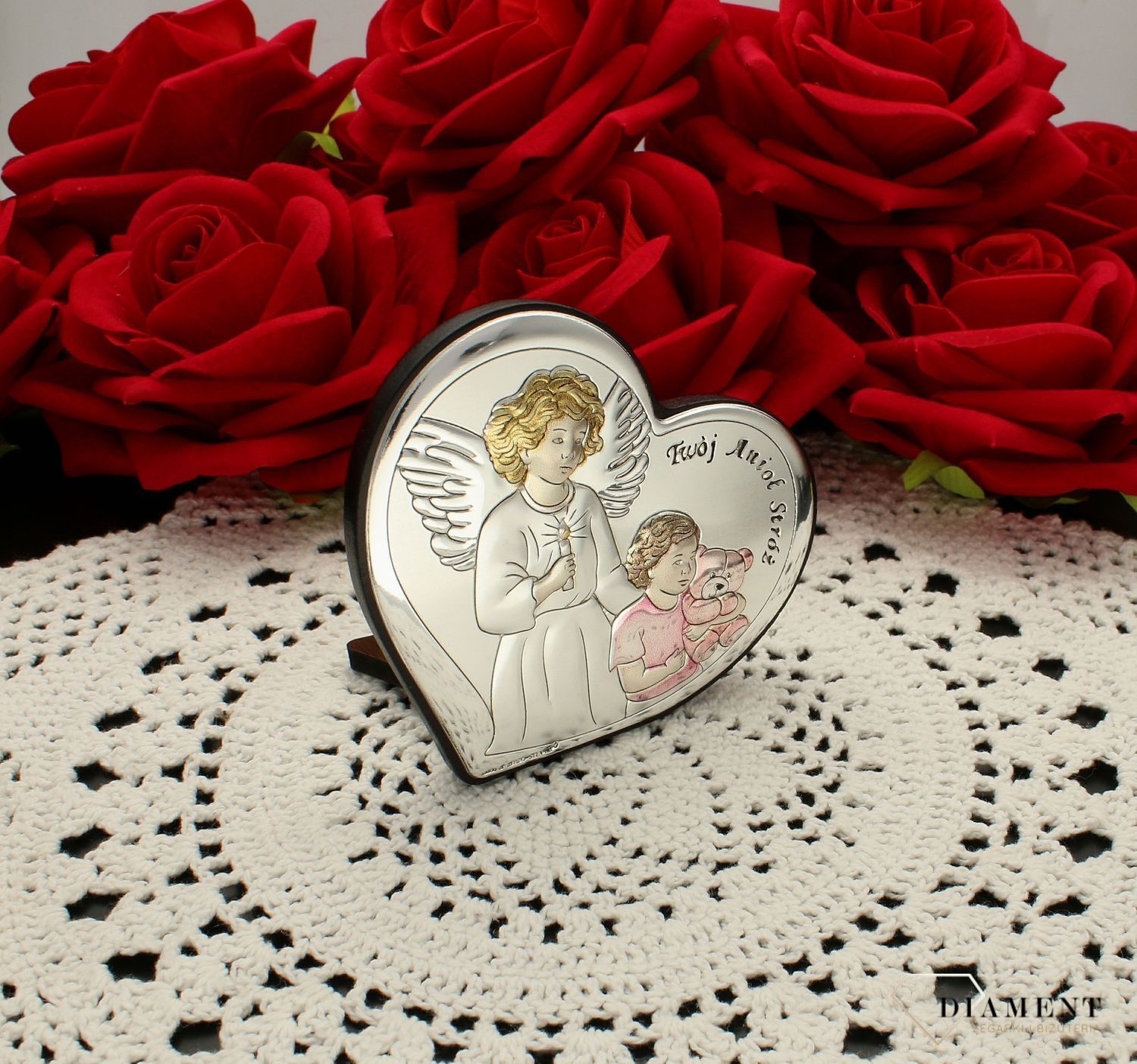Obrazek srebrny, Aniołki pamiątka Chrztu Świętego dla dziewczynki 6526R.1. Pamiątka chrztu. Kolorowy obrazek na chrzest. Święty obrazek na chrzest. Obrazek z aniołem stróżem..webp