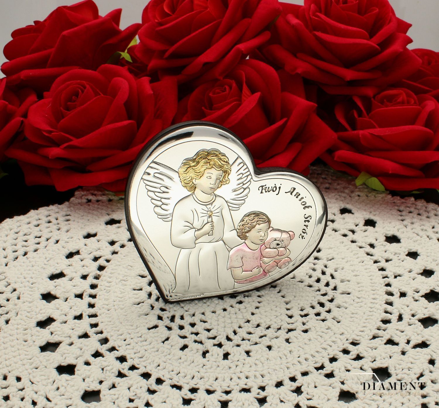 Obrazek srebrny, Aniołki pamiątka Chrztu Świętego dla dziewczynki 6526R.1. Pamiątka chrztu. Kolorowy obrazek na chrzest. Święty obrazek na chrzest. Obrazek z aniołem stróżem..webp