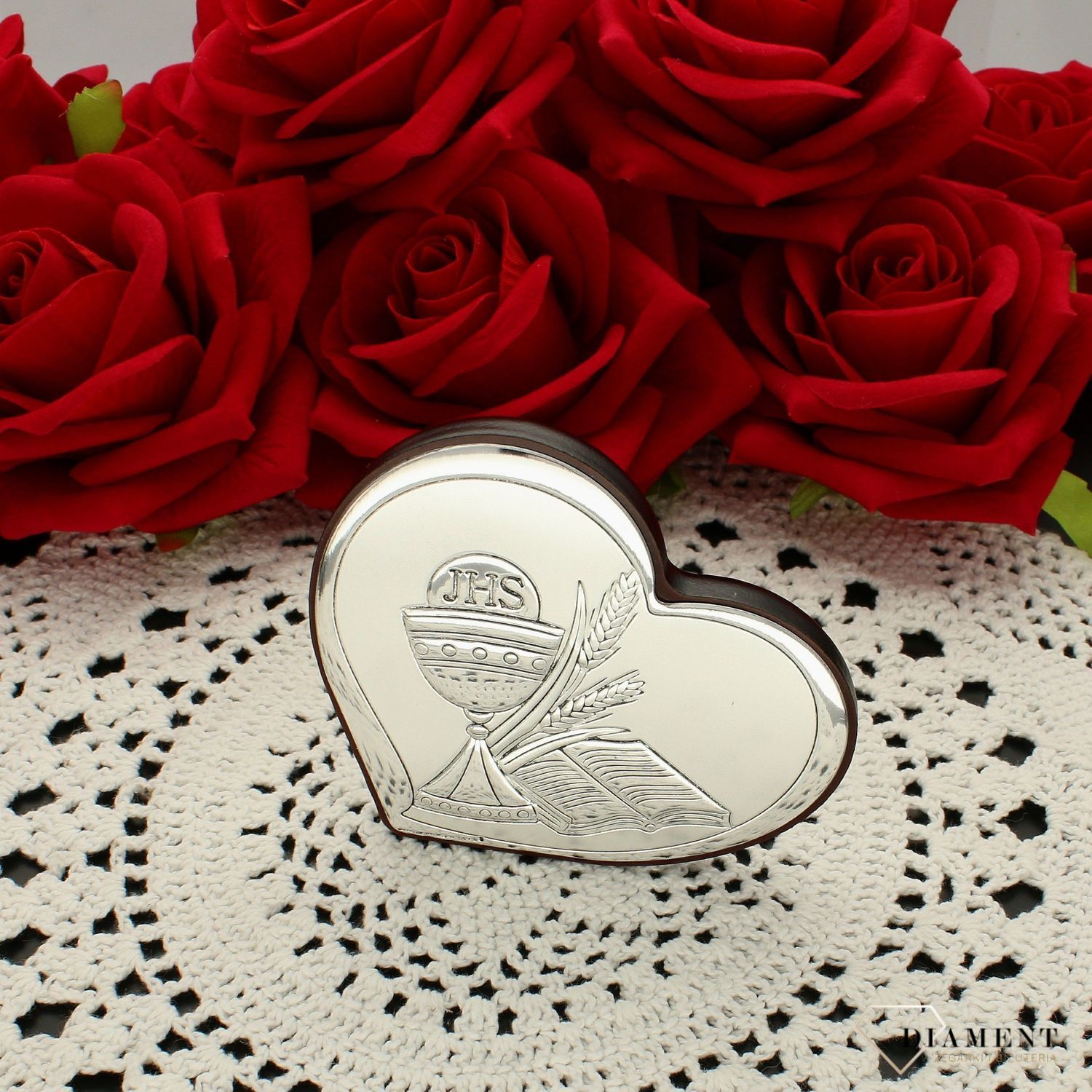 Obrazek srebrny Pierwsza Komunia Święta Hostia 6542.1. Pamiątka I Komunii Świętej. Obrazek z grawerem na komunie. Prezent na komunie dla dziewczynki, dla chłopca. Hostia i kielich. Obrazem z opłatkiem..jpg