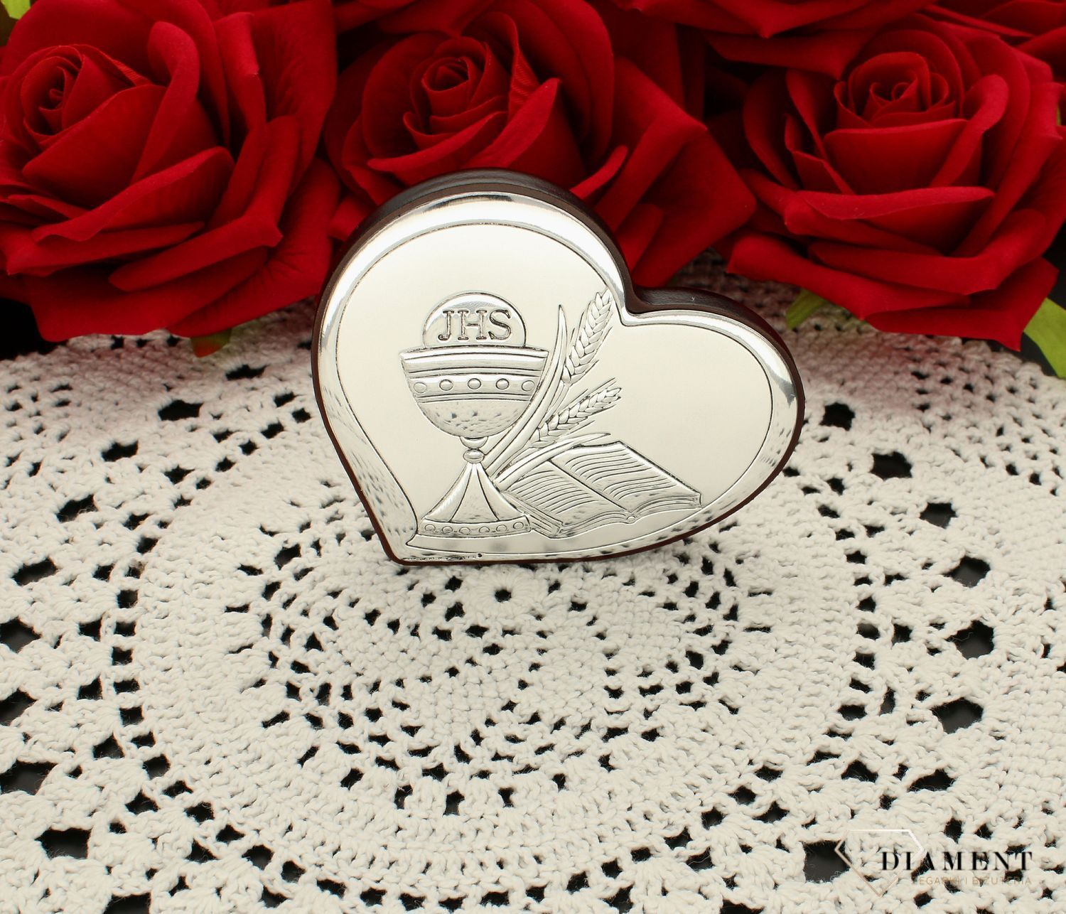 Obrazek srebrny Pierwsza Komunia Święta Hostia 6542.1. Pamiątka I Komunii Świętej. Obrazek z grawerem na komunie. Prezent na komunie dla dziewczynki, dla chłopca. Hostia i kielich. Obrazem z opłatkiem..jpg