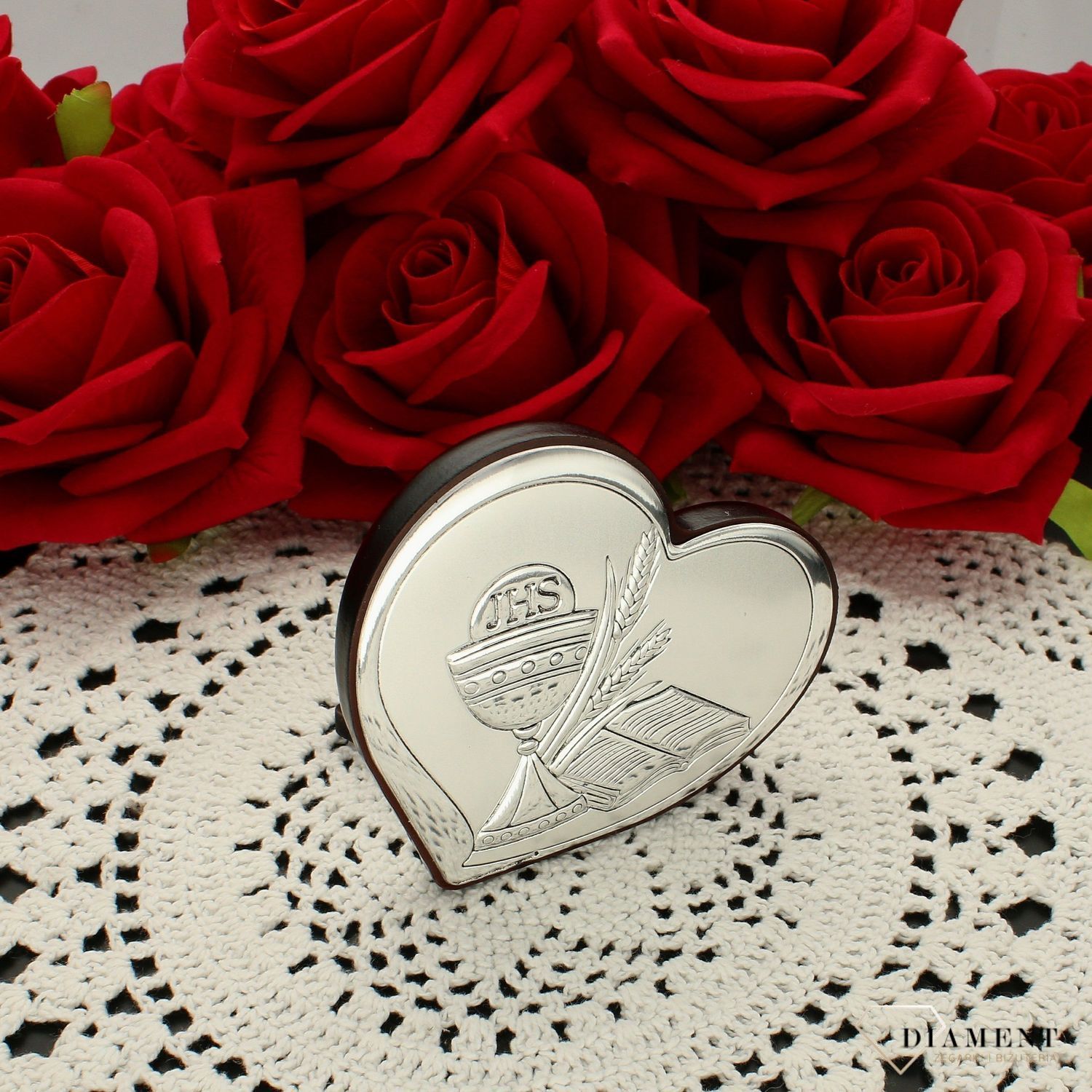 Obrazek srebrny Pierwsza Komunia Święta Hostia 6542.1. Pamiątka I Komunii Świętej. Obrazek z grawerem na komunie. Prezent na komunie dla dziewczynki, dla chłopca. Hostia i kielich. Obrazem z opłatkiem..jpg