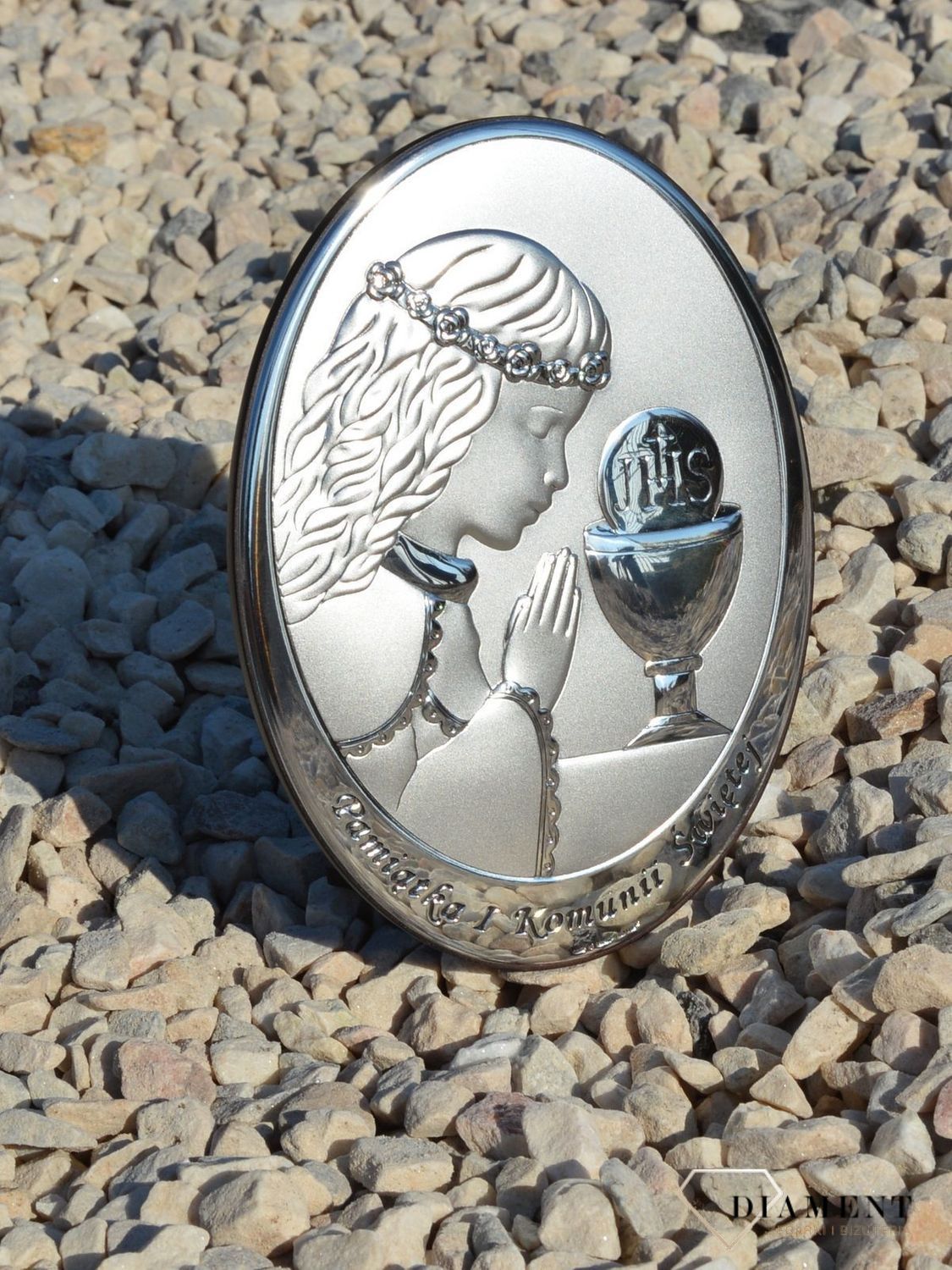 Obrazek srebrny I Komunia Święta dziewczynka - grawer. Obrazek srebrny z wizerunkiem dziewczynki pochylającej się nad kielichem to do Komunii Świętej.Idealna pamiątka przyjęcia I Komunii (4).JPG