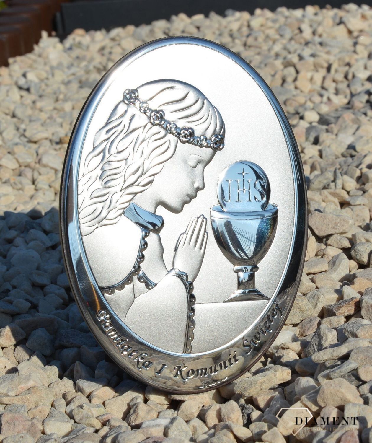 Obrazek srebrny I Komunia Święta dziewczynka - grawer. Obrazek srebrny z wizerunkiem dziewczynki pochylającej się nad kielichem to do Komunii Świętej.Idealna pamiątka przyjęcia I Komunii (4).JPG