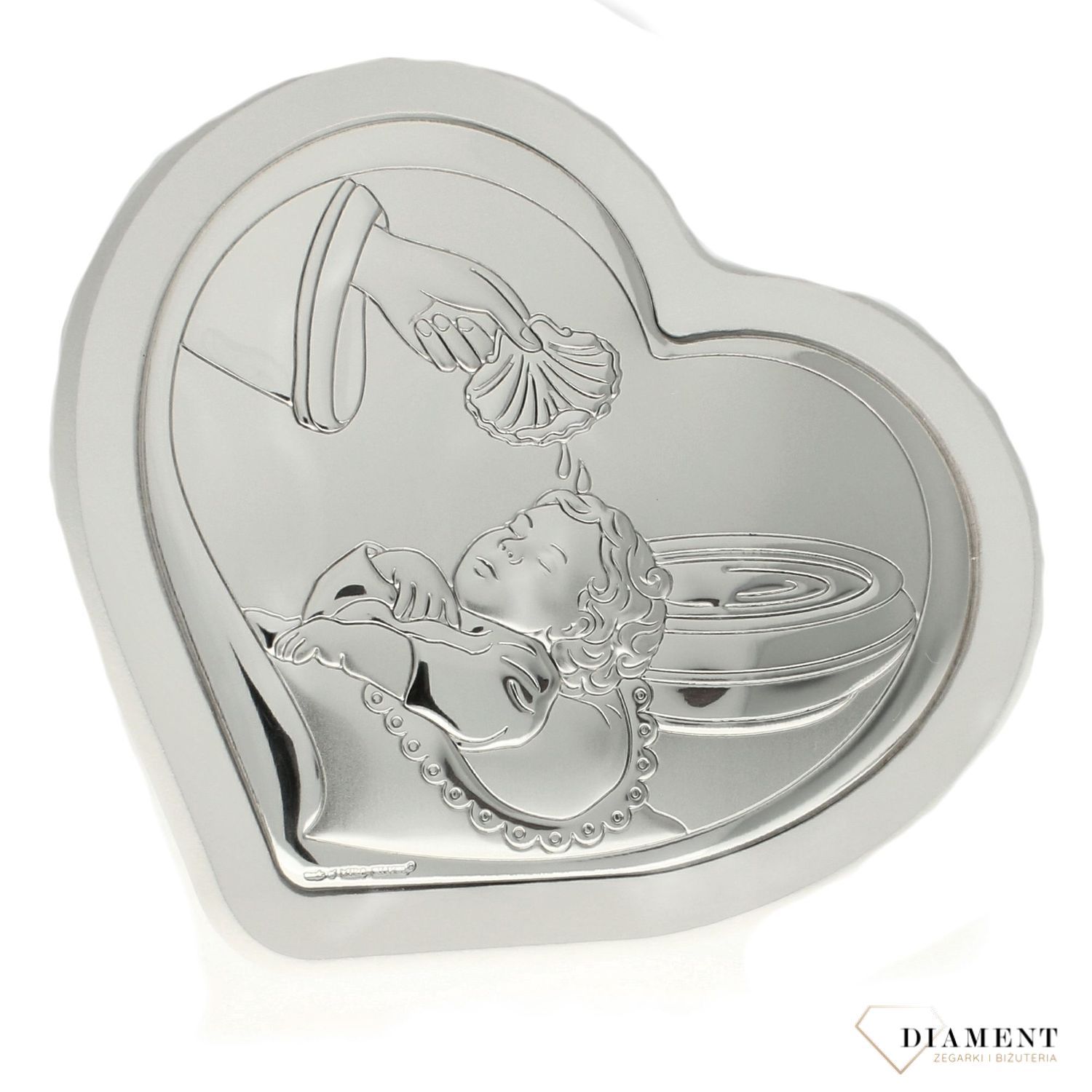 Obrazek srebrny w pięknej oprawie ( drewno barwione na biało) w formie serca symbolizujący Sakrament Chrztu Świętego. Idealna pamiątka dla małego chrześcijanina (2).jpg