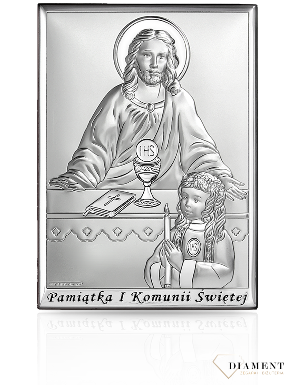 Obrazek srebrny I Komunia Święta dziewczynka, Jezus Chrystus 6595S.3A. Obrazek srebrny z wizerunkiem Jezusa Chrystusa, który udziela Komunii Św. dziewczynce. To doskonała pamiątka tego ważnego wydarzenia, która odda piękno tego sakramentu..png