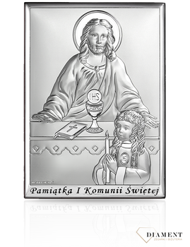 Obrazek srebrny I Komunia Święta dziewczynka, Jezus Chrystus 6595S.3A. Obrazek srebrny z wizerunkiem Jezusa Chrystusa, który udziela Komunii Św. dziewczynce. To doskonała pamiątka tego ważnego wydarzenia, która odda piękno tego sakramentu..png