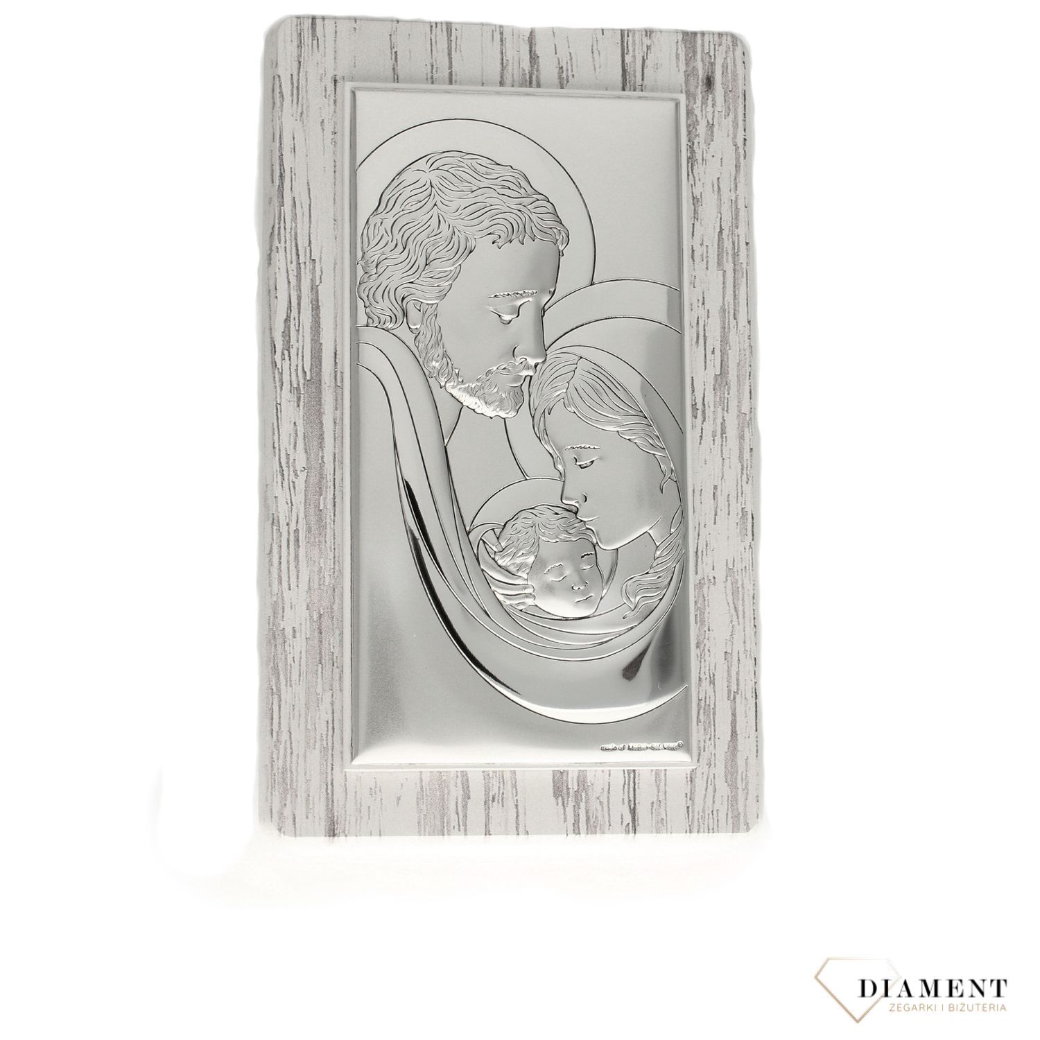 Wyjątkowy obrazek przedstawiający wizerunek Świętej Rodziny. Wykonany z wysokiej jakości drewna oraz metalu pokrytego srebrem i lakierem zabezpieczającym..jpg