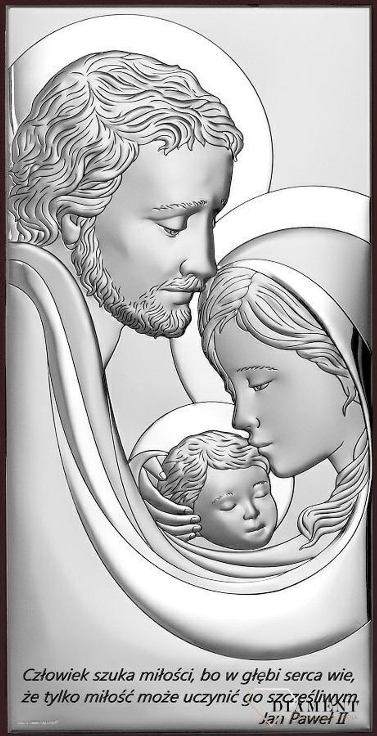 Srebrny obrazek Rodzina Święta 6650S.2 7X14 cm. Obrazek święty z wizerunkiem Świętej Rodziny - doskonały jako pamiątka Ślubu dla Młodej Pary, prezent od nowożeńców dla rodziców oraz na rocznicę małżeństwa..jpg