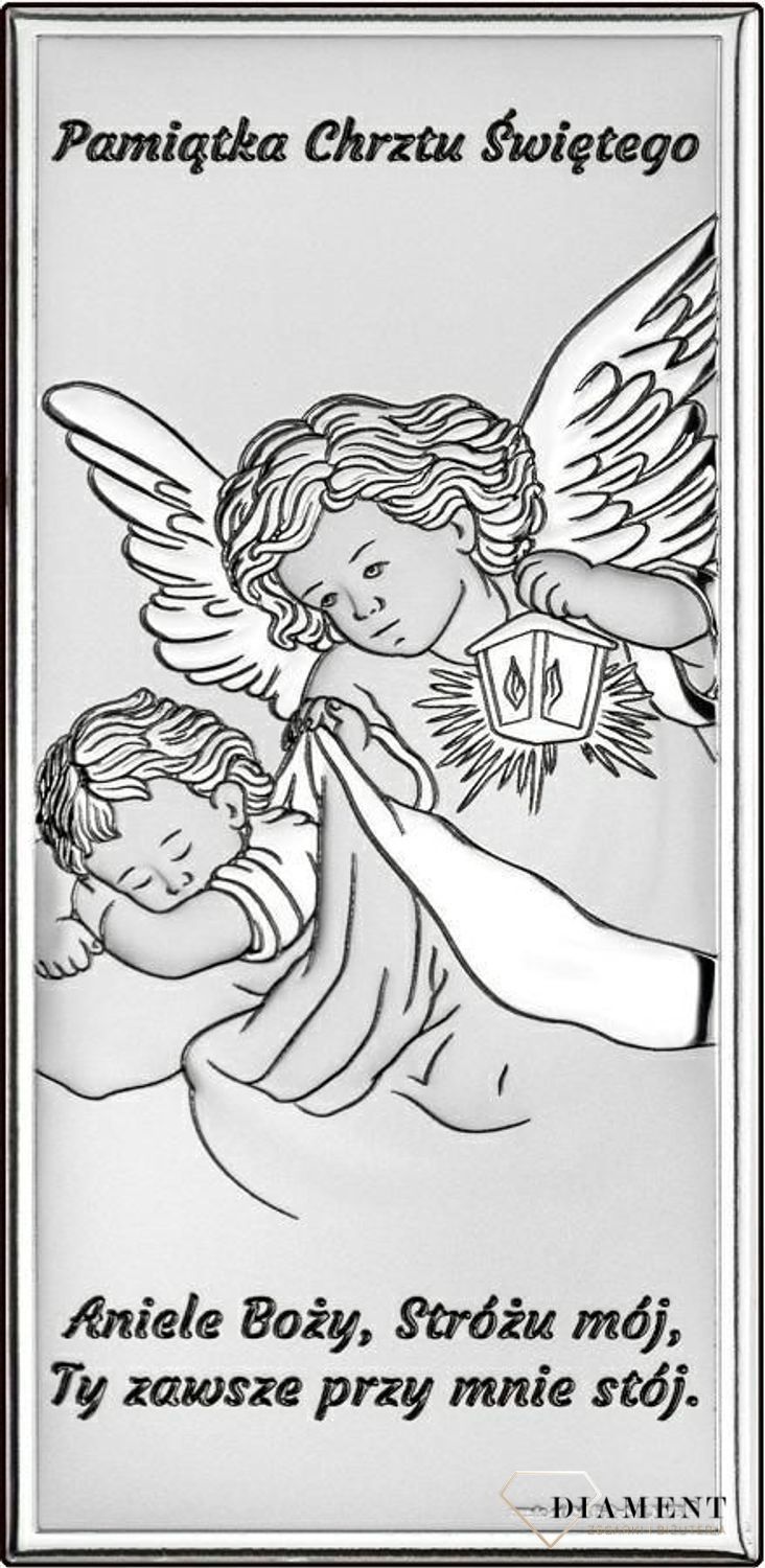 Srebrny obrazek na Chrzest Pamiątka Chrztu Świętego Anioł Stróż 6x14 cm 66562. Niezwykły obrazek srebrny z wizerunkiem Aniołków to idealny prezent na Chrzest Święty. Pamiątka Chrztu dla dziecka..jpg