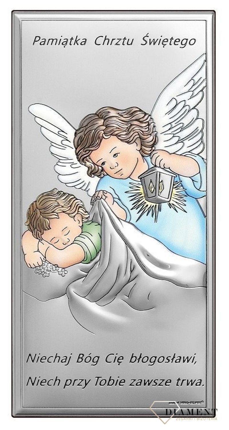 Srebrny obrazek na Chrzest Pamiątka Chrztu Świętego Anioł Stróż 66571COL 5X10 cm. Niezwykły obrazek srebrny z wizerunkiem Aniołków to idealny prezent na Chrzest Święty.  Pamiątka Chrztu dla dziewczynki..jpg