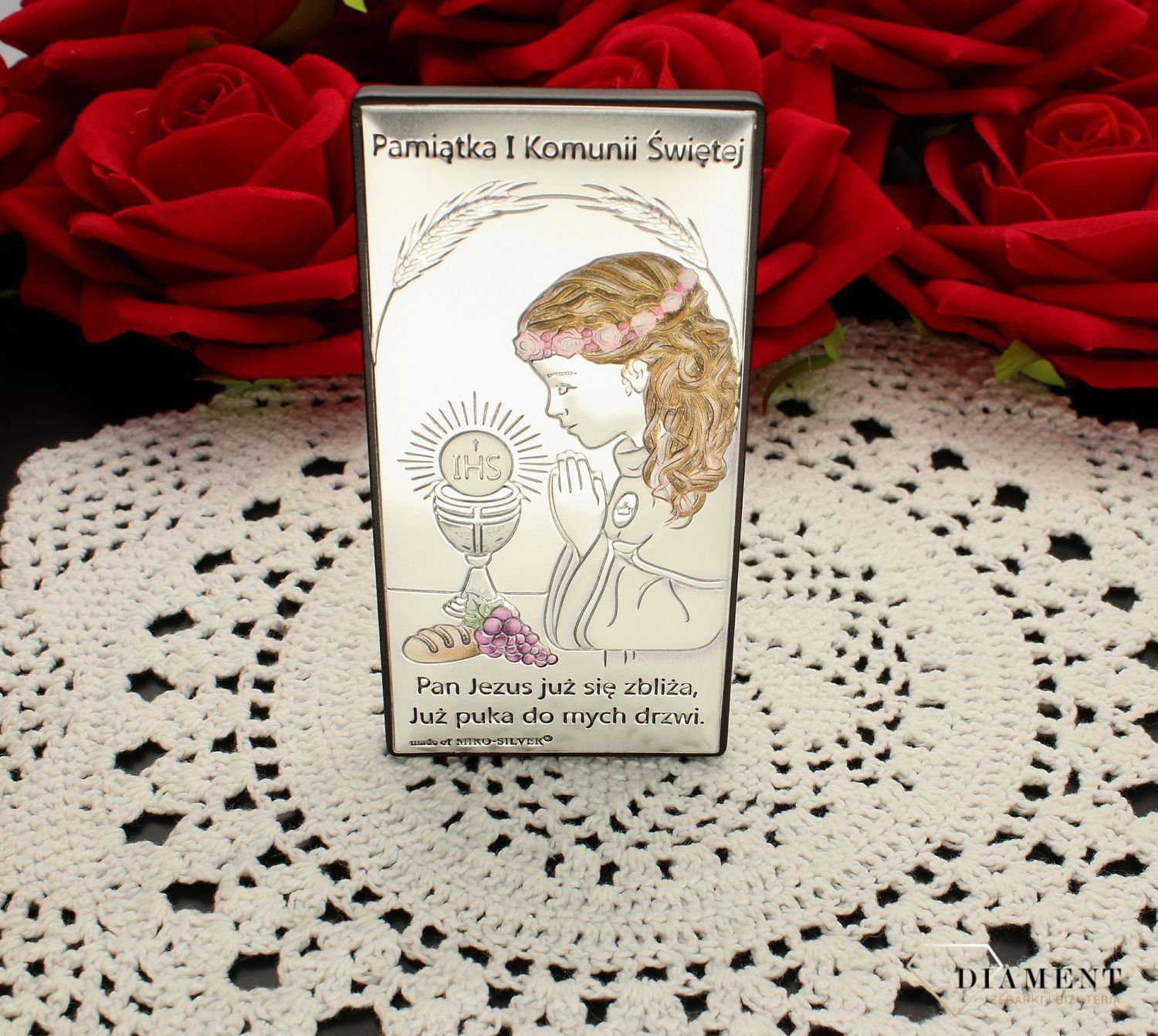 Obrazek srebrny Pierwsza Komunia Święta dla dziewczynki z grawerem 6717.1A COL. Pamiątka I Komunii Świętej. Obrazek z grawerem na komunie kolorowy. Prezent na komunie dla dziewczynki. Obrazek pamiątka dla dziewczynki Na I Komunię Św..jpg