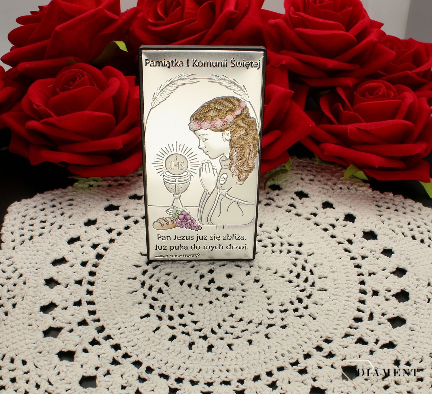 Obrazek srebrny Pierwsza Komunia Święta dla dziewczynki z grawerem 6717.1A COL. Pamiątka I Komunii Świętej. Obrazek z grawerem na komunie kolorowy. Prezent na komunie dla dziewczynki. Obrazek pamiątka dla dziewczynki Na I Komunię Św..jpg