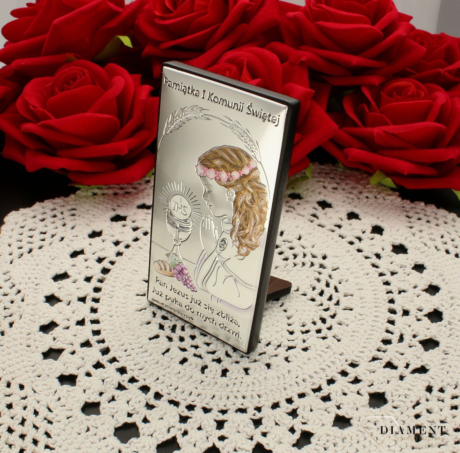 Obrazek srebrny Pierwsza Komunia Święta dla dziewczynki z grawerem 6717.1A COL. Pamiątka I Komunii Świętej. Obrazek z grawerem na komunie kolorowy. Prezent na komunie dla dziewczynki. Obrazek pamiątka dla dziewczynki Na I Komunię Św..jpg