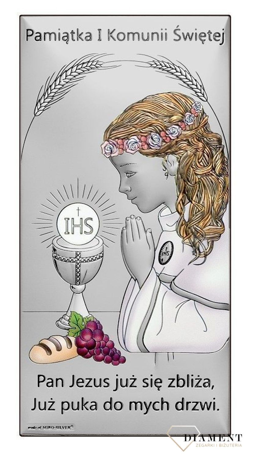 Obrazek srebrny Pierwsza Komunia Święta dla dziewczynki z grawerem 6717.1A COL. Pamiątka I Komunii Świętej. Obrazek z grawerem na komunie kolorowy. Prezent na komunie dla dziewczynki. Obrazek pamiątka dla dziewczynki Na I Komunię Św..jpg