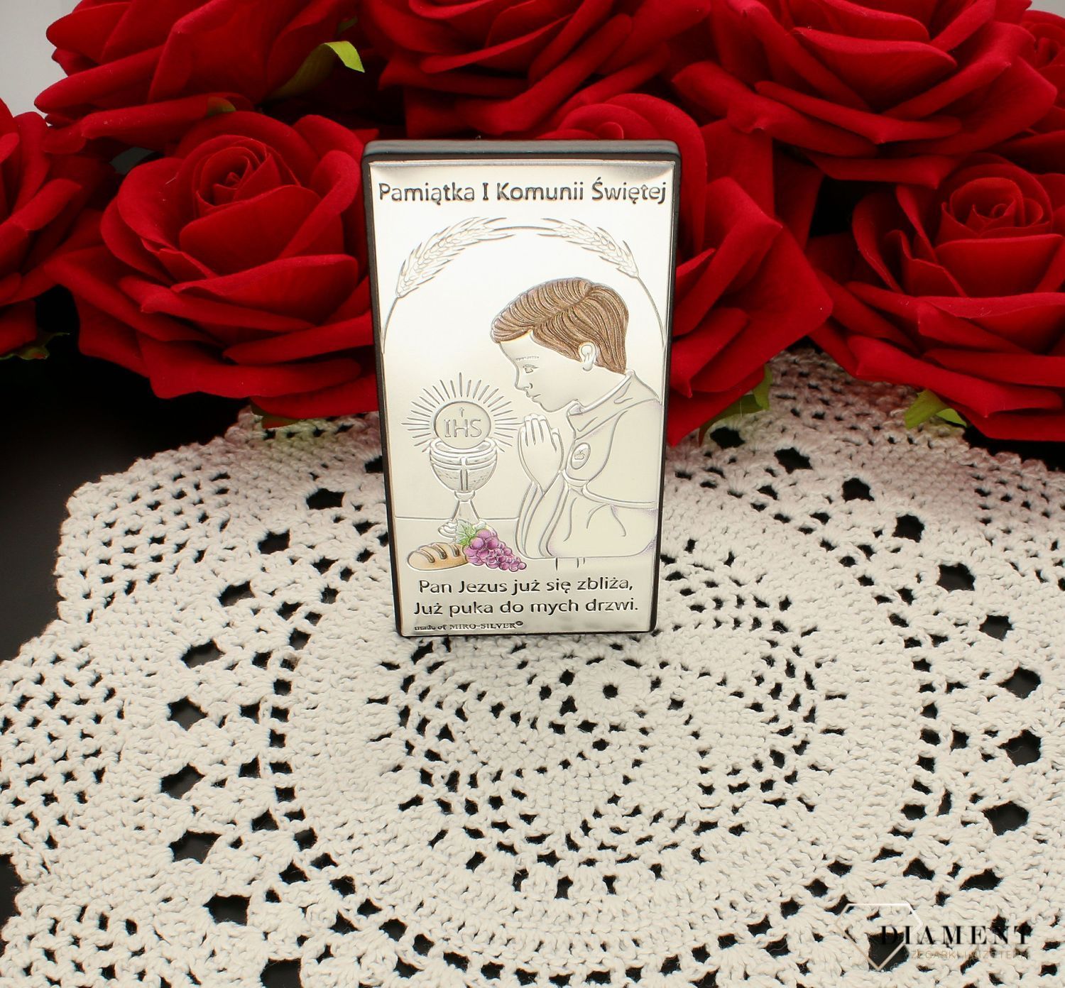 Obrazek srebrny Pierwsza Komunia Święta dla chłopca kolorowy 6717.1O COL. Pamiątka I Komunii Świętej. Obrazek z grawerem na komunie kolorowy. Prezent na komunie dla chłopca. Obrazek pamiątka dla chłopca Na I Komunię Św..jpg