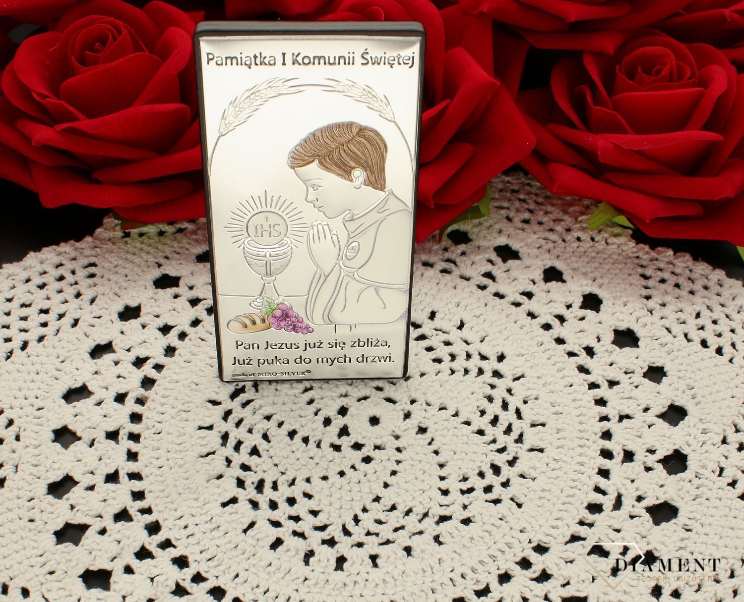 Obrazek srebrny Pierwsza Komunia Święta dla chłopca kolorowy 6717.1O COL. Pamiątka I Komunii Świętej. Obrazek z grawerem na komunie kolorowy. Prezent na komunie dla chłopca. Obrazek pamiątka dla chłopca Na I Komunię Św..jpg