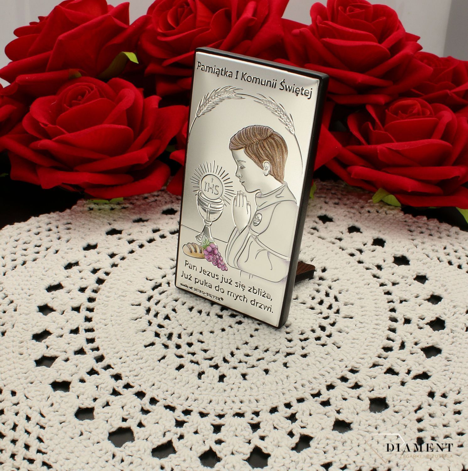 Obrazek srebrny Pierwsza Komunia Święta dla chłopca kolorowy 6717.1O COL. Pamiątka I Komunii Świętej. Obrazek z grawerem na komunie kolorowy. Prezent na komunie dla chłopca. Obrazek pamiątka dla chłopca Na I Komunię Św..jpg