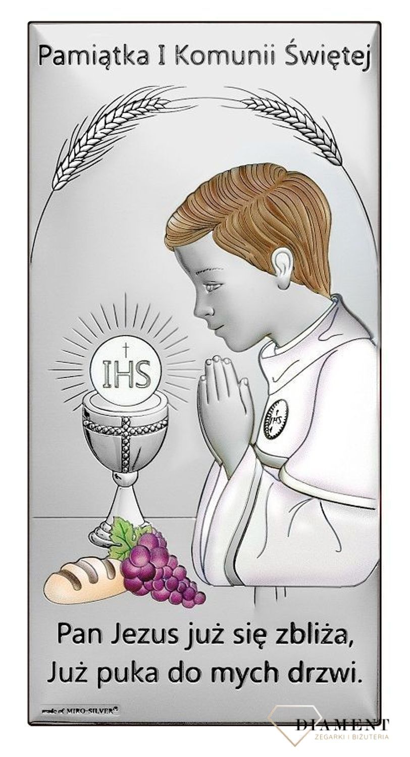 Obrazek srebrny Pierwsza Komunia Święta dla chłopca kolorowy 6717.1O COL. Pamiątka I Komunii Świętej. Obrazek z grawerem na komunie kolorowy. Prezent na komunie dla chłopca. Obrazek pamiątka dla chłopca Na I Komunię Św..jpg